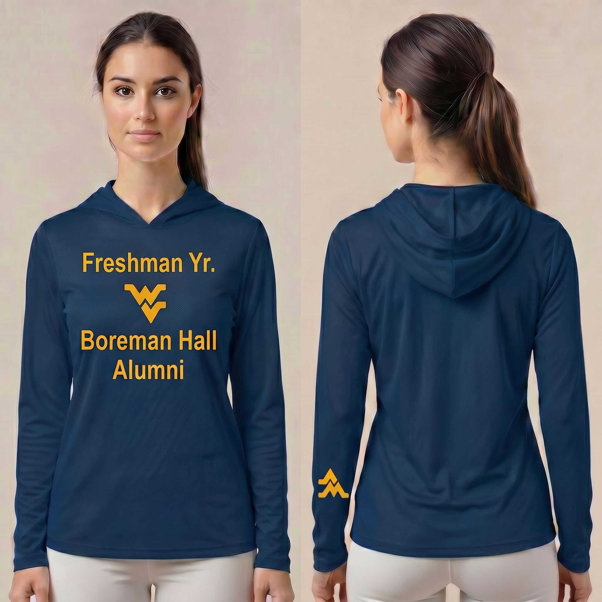 Licensed WVU Blue Cooling Performance Hooded Long Sleeve Tee (Women’s/Unisex) | “Freshman Yr. Boreman Hall Alumni” | Spring/Summer Collection | Sassy Foot Fashion
