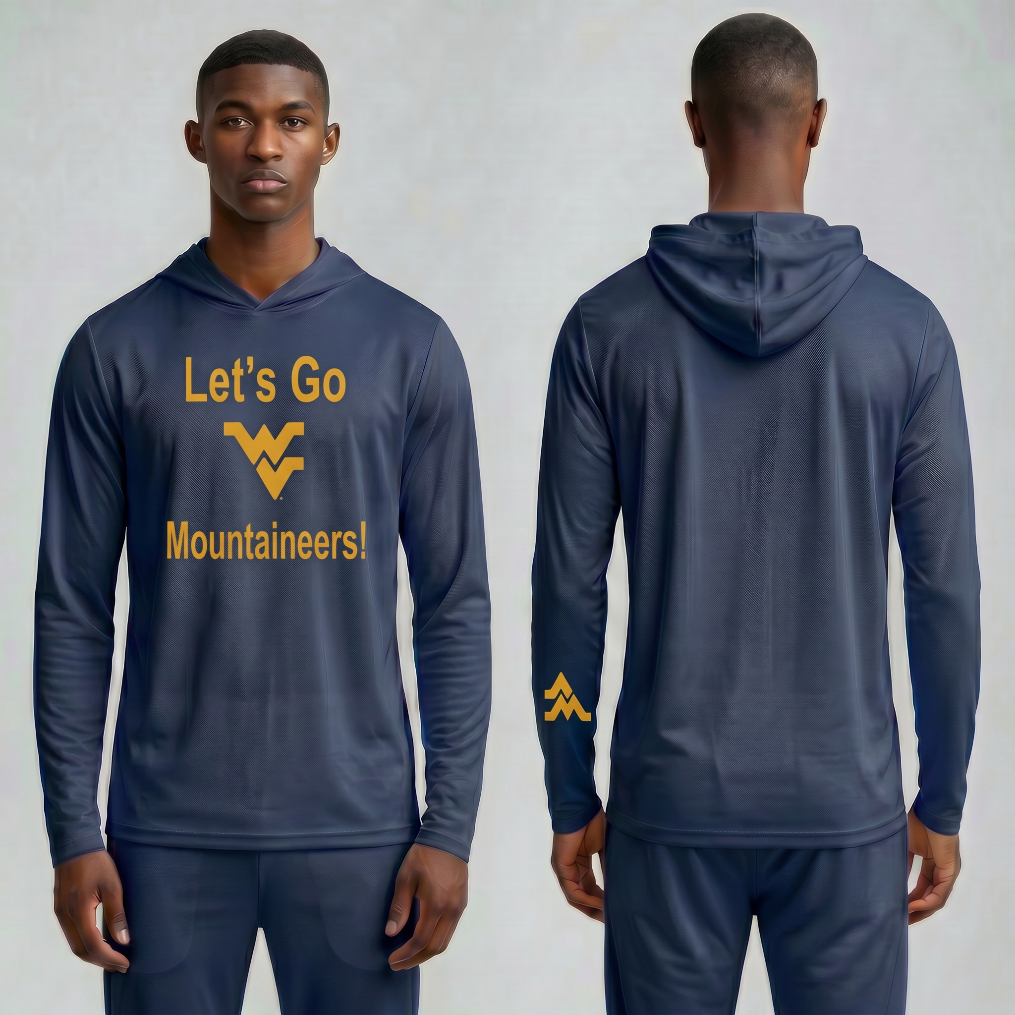 Licensed WVU Blue Cooling Performance Hooded Long Sleeve Tee (Men’s/Unisex) | “Let’s Go Mountaineers!” | Spring/Summer Collection | Sassy Foot Fashion