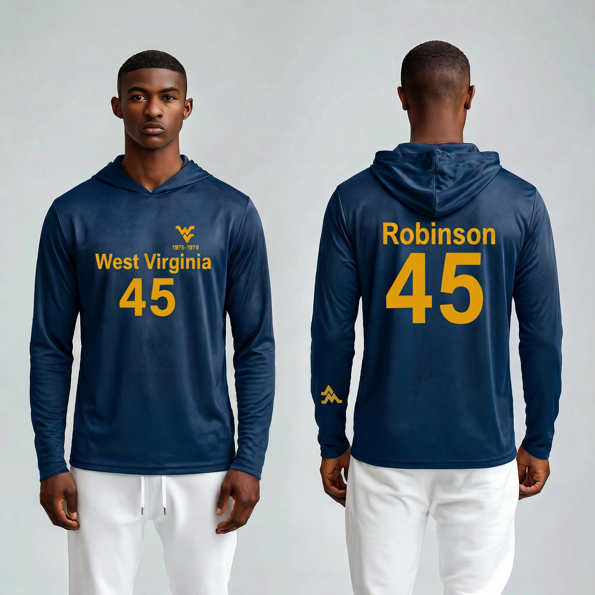 Licensed WVU Blue Cooling Performance Hooded Long Sleeve Tee (Men’s/Unisex) | “Maurice Robinson” | Spring/Summer Collection | Sassy Foot Fashion