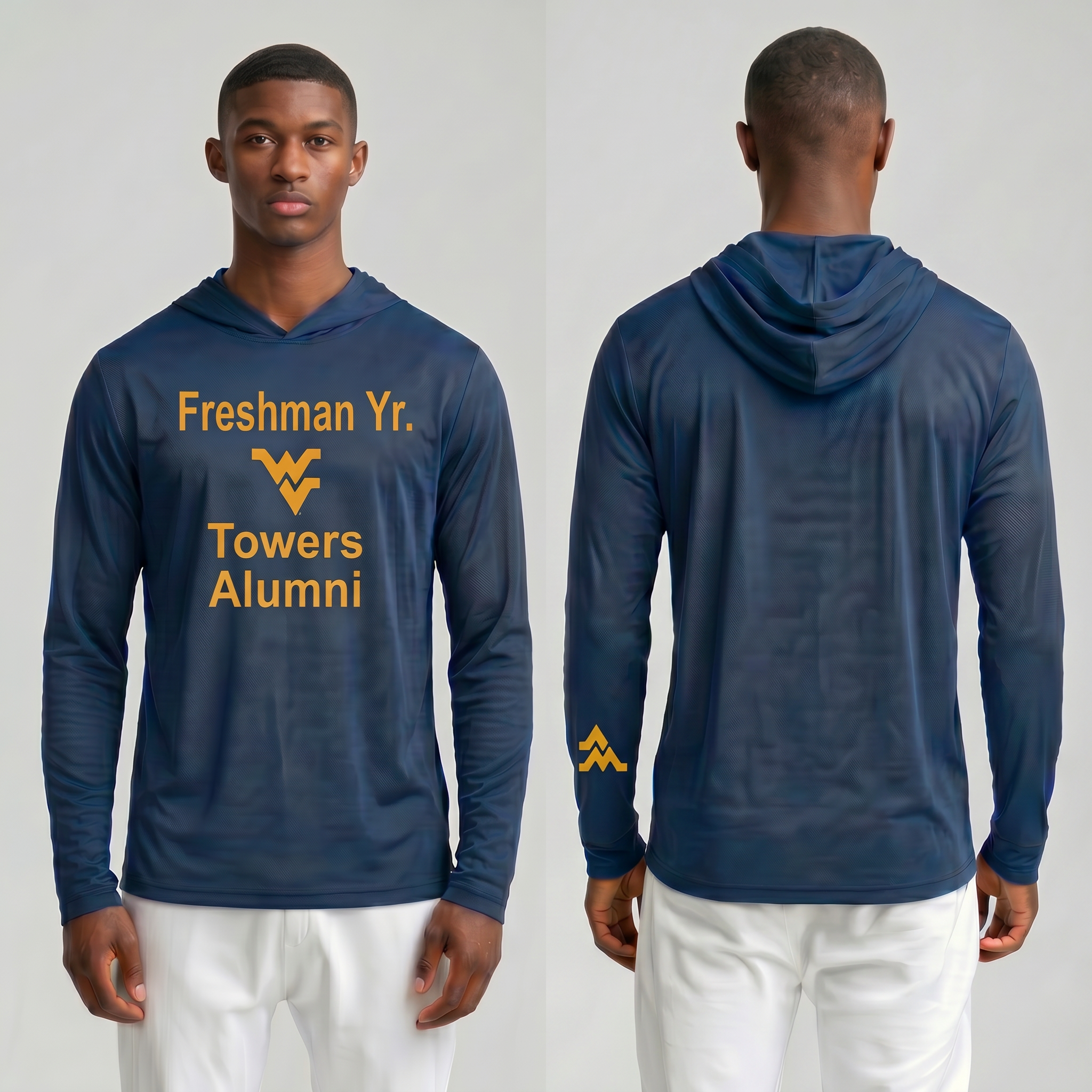Licensed WVU Blue Cooling Performance Hooded Long Sleeve Tee (Men’s/Unisex) | “Freshman Yr. Towers Alumni” | Spring/Summer Collection | Sassy Foot Fashion