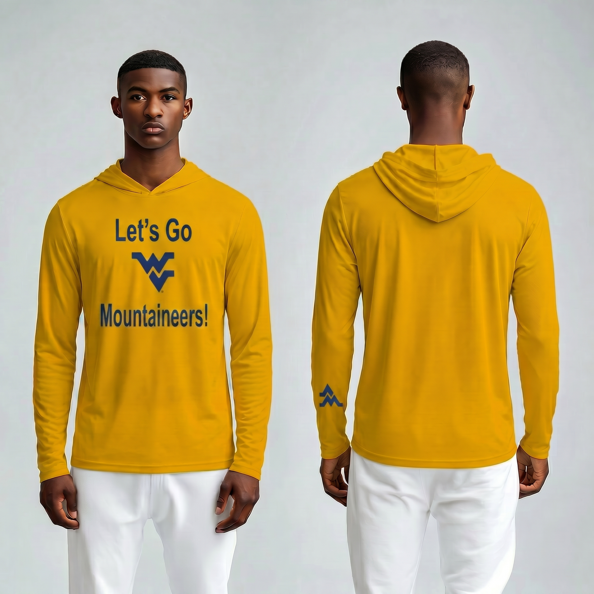 Licensed WVU Gold Cooling Performance Hooded Long Sleeve Tee (Men’s/Unisex) | “Let’s Go Mountaineers!” | Spring/Summer Collection | Sassy Foot Fashion