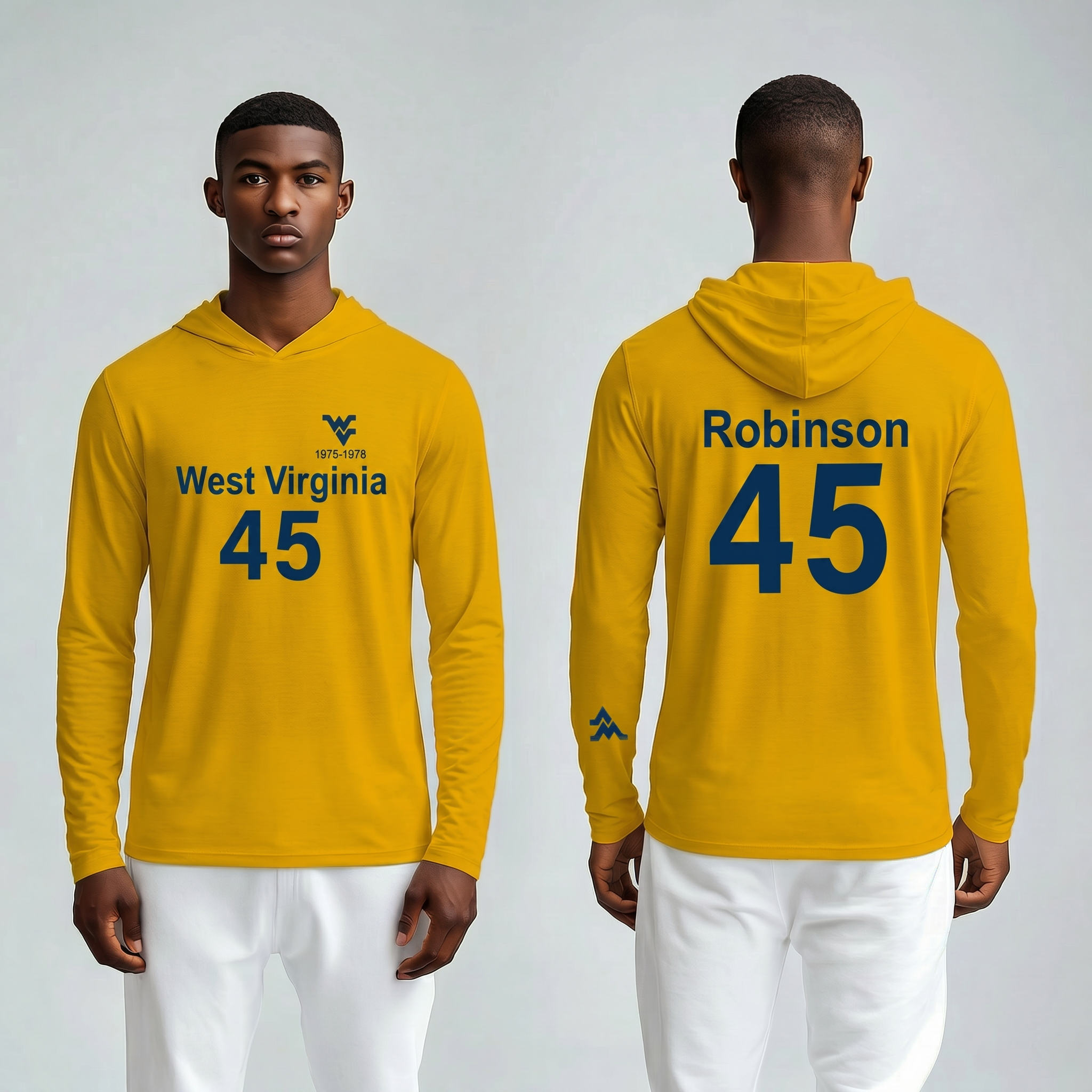 Licensed WVU Gold Cooling Performance Hooded Long Sleeve Tee (Men’s/Unisex) | “Maurice Robinson” | Spring/Summer Collection | Sassy Foot Fashion