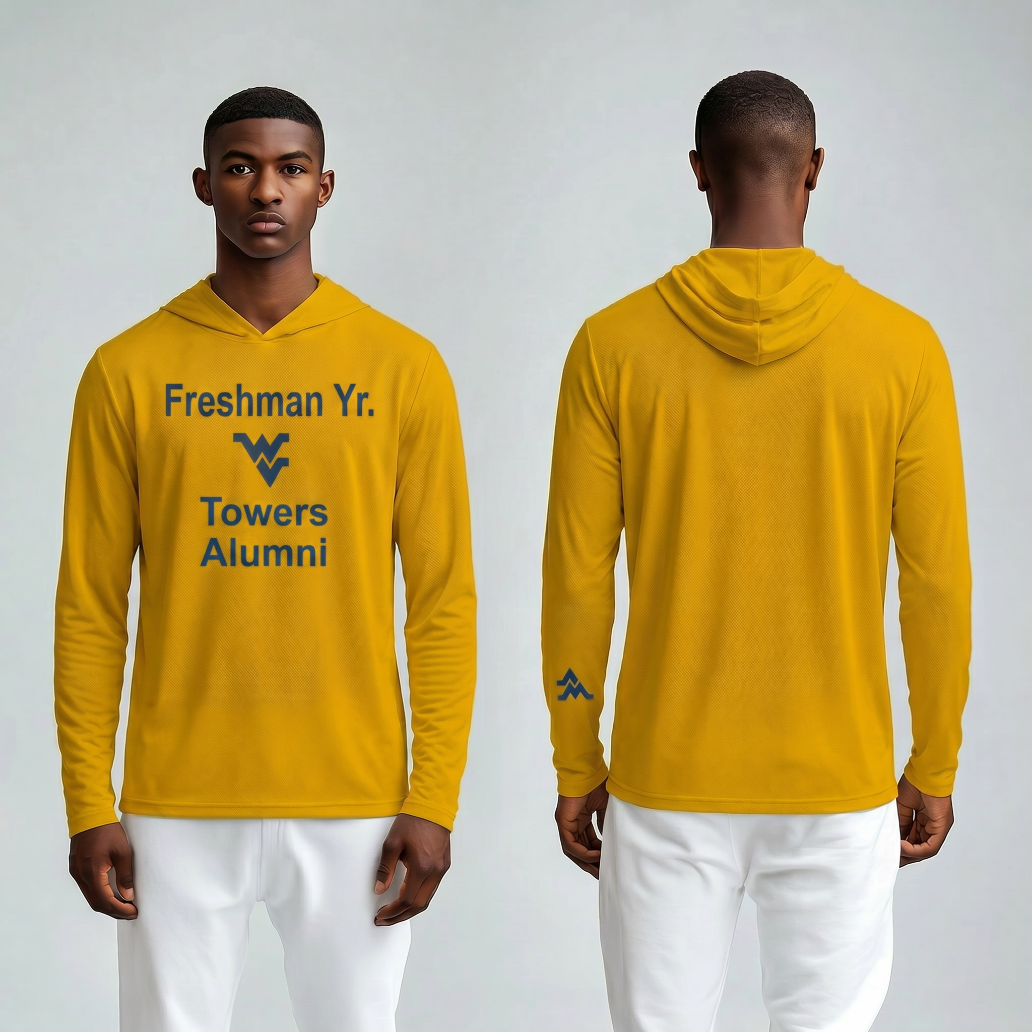 Licensed WVU Gold Cooling Performance Hooded Long Sleeve Tee (Men’s/Unisex) | “Freshman Yr. Towers Alumni” | Spring/Summer Collection | Sassy Foot Fashion