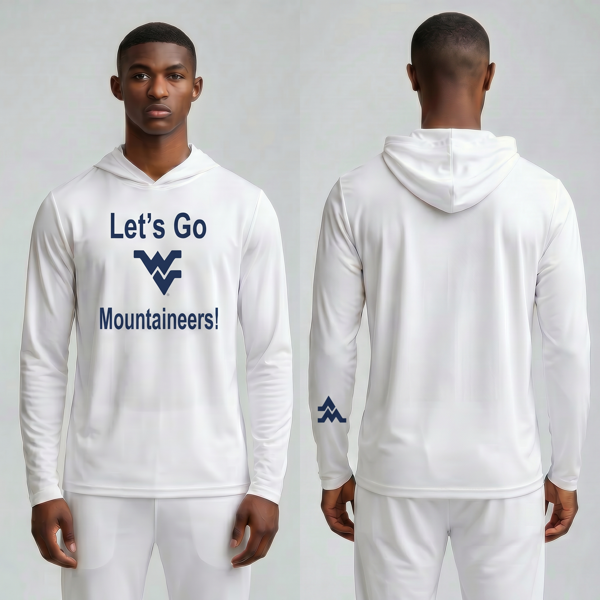 Licensed WVU White Cooling Performance Hooded Long Sleeve Tee (Men’s/Unisex) | “Let’s Go Mountaineers!” | Spring/Summer Collection | Sassy Foot Fashion
