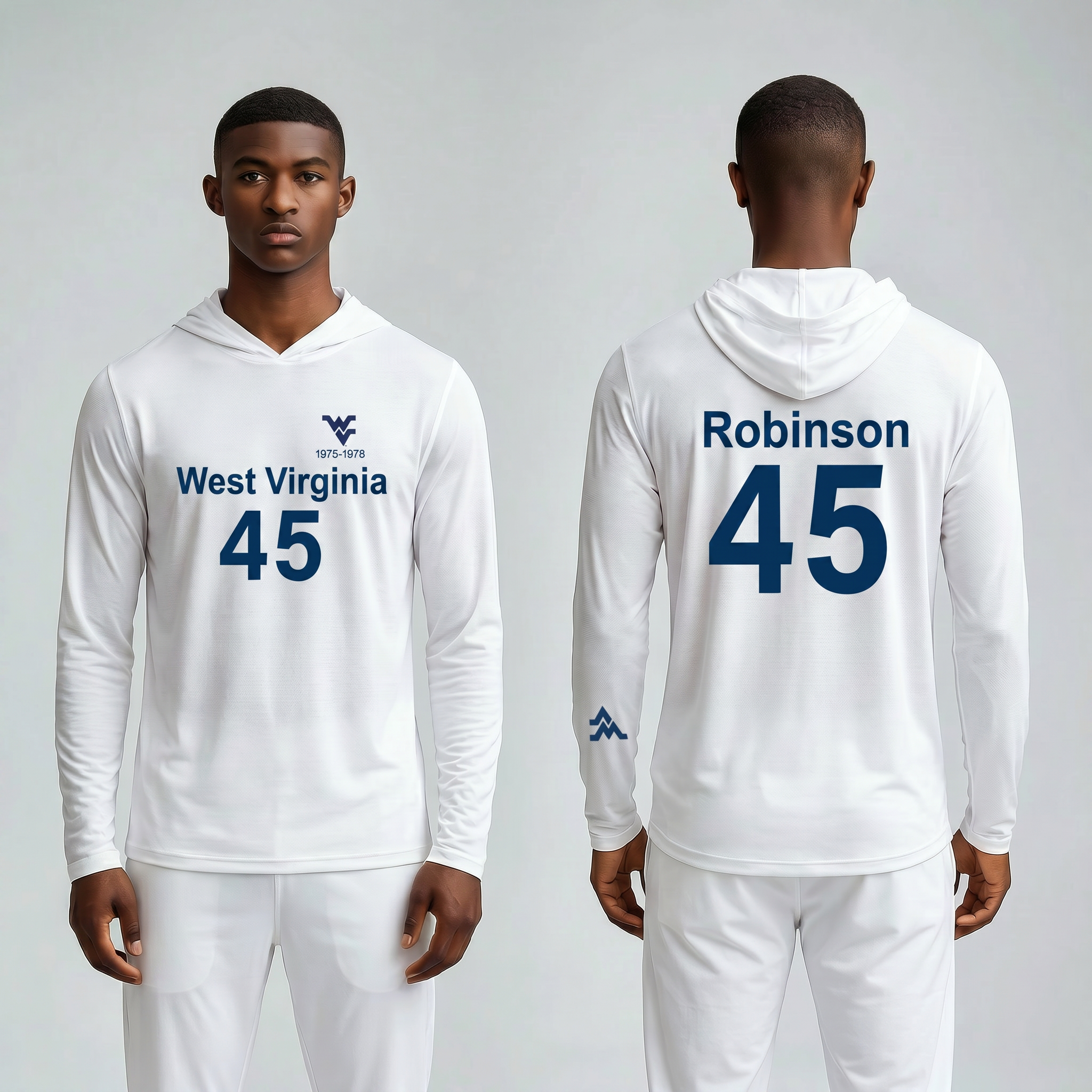 Licensed WVU White Cooling Performance Hooded Long Sleeve Tee (Men’s/Unisex) | “Maurice Robinson” | Spring/Summer Collection | Sassy Foot Fashion