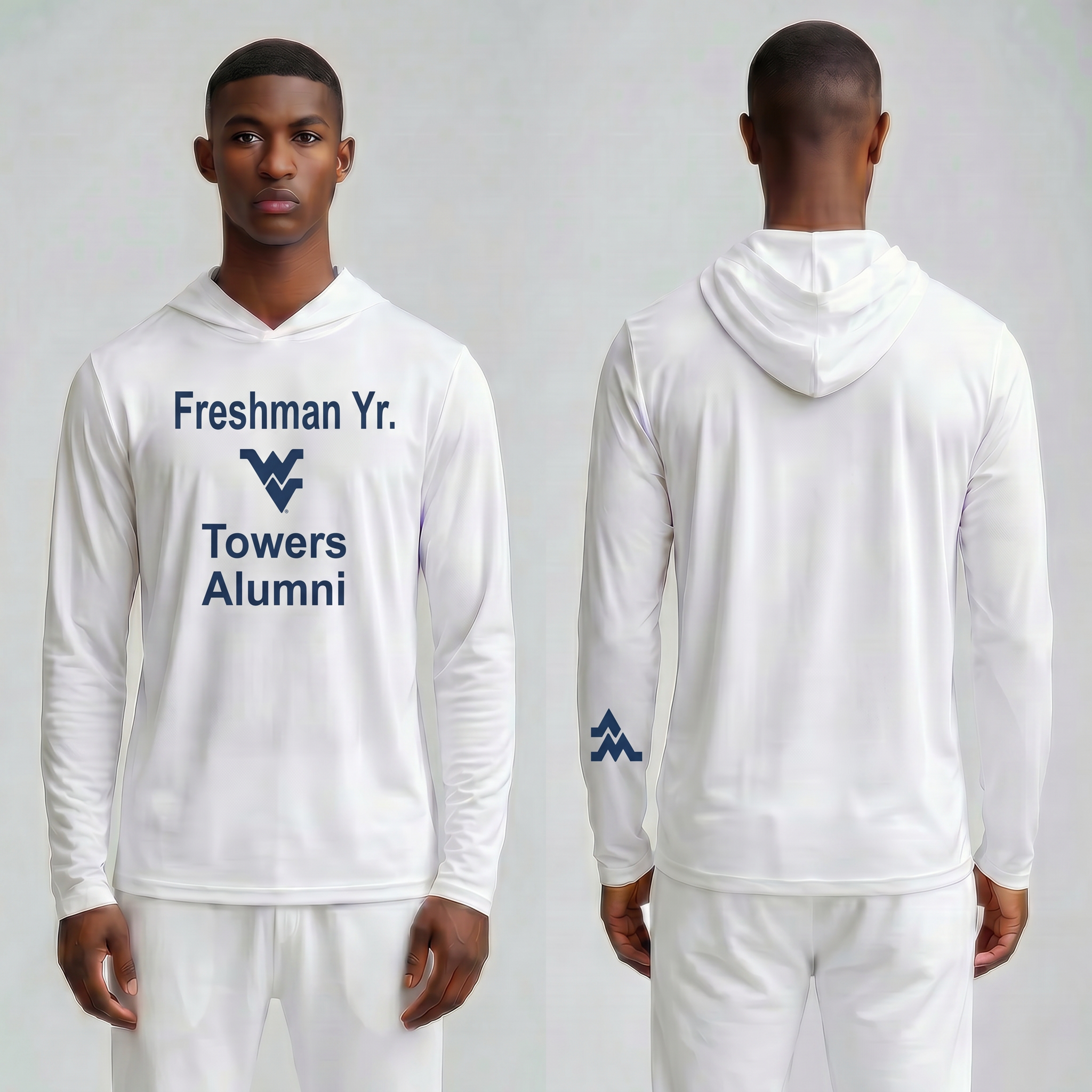 Licensed WVU White Cooling Performance Hooded Long Sleeve Tee (Men’s/Unisex) | “Freshman Yr. Towers Alumni” | Spring/Summer Collection | Sassy Foot Fashion