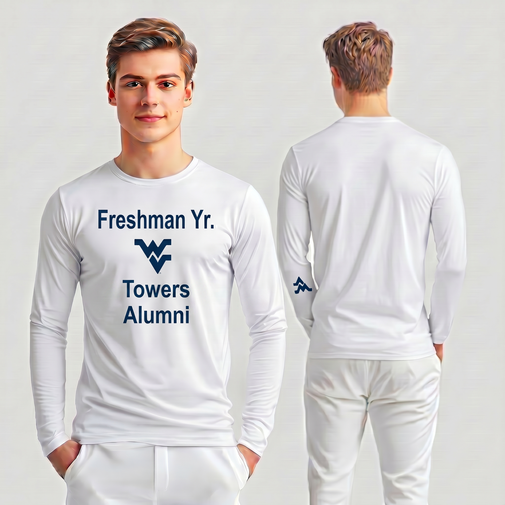 Licensed Men's/Unisex WVU White | Cooling Performance Long Sleeve Tee | “Freshman Yr. Towers Alumni” by Sassy Foot Fashion