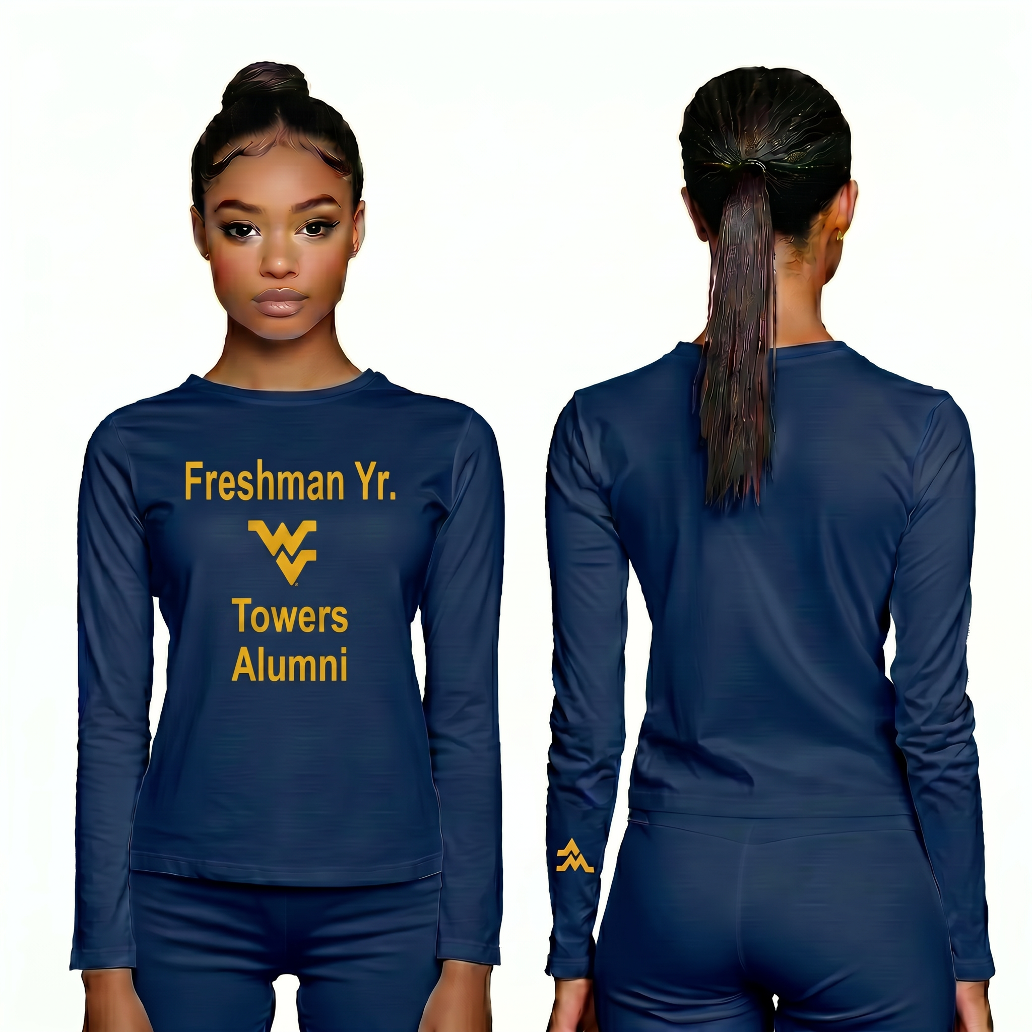 Licensed Women's WVU Blue | Cooling Performance Long Sleeve Tee | “Freshman Yr. Towers Alumni” by Sassy Foot Fashion