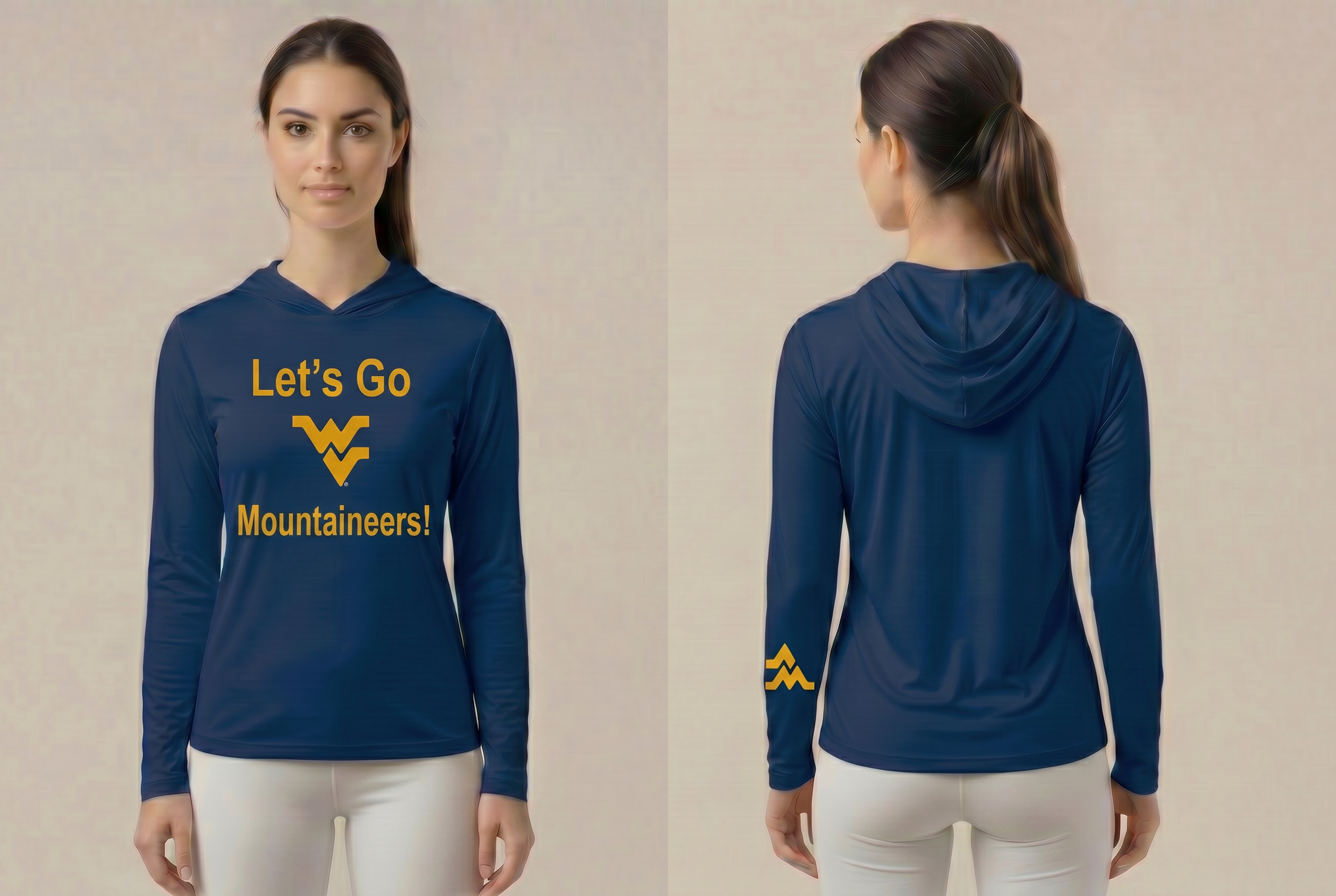 Licensed WVU Blue Cooling Performance Hooded Long Sleeve Tee (Women’s/Unisex) | "Let’s Go Mountaineers!" | Spring/Summer Collection | Sassy Foot Fashion