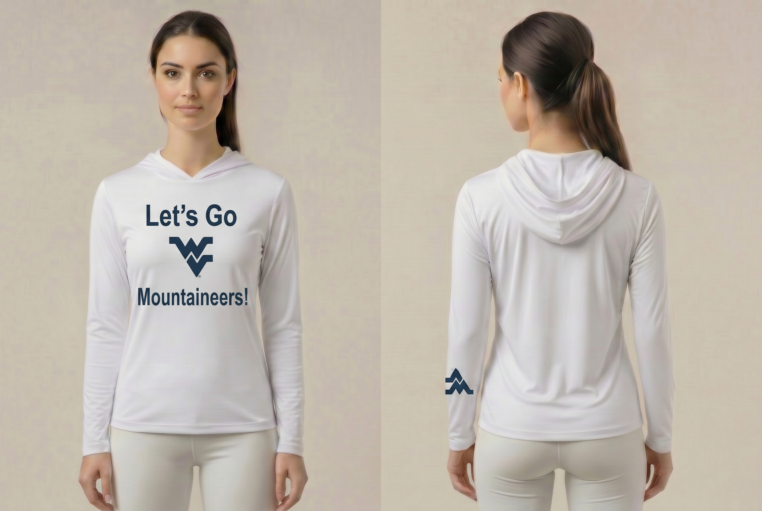 Licensed WVU White Cooling Performance Hooded Long Sleeve Tee (Women’s/Unisex) | "Let’s Go Mountaineers!" | Spring/Summer Collection | Sassy Foot Fashion