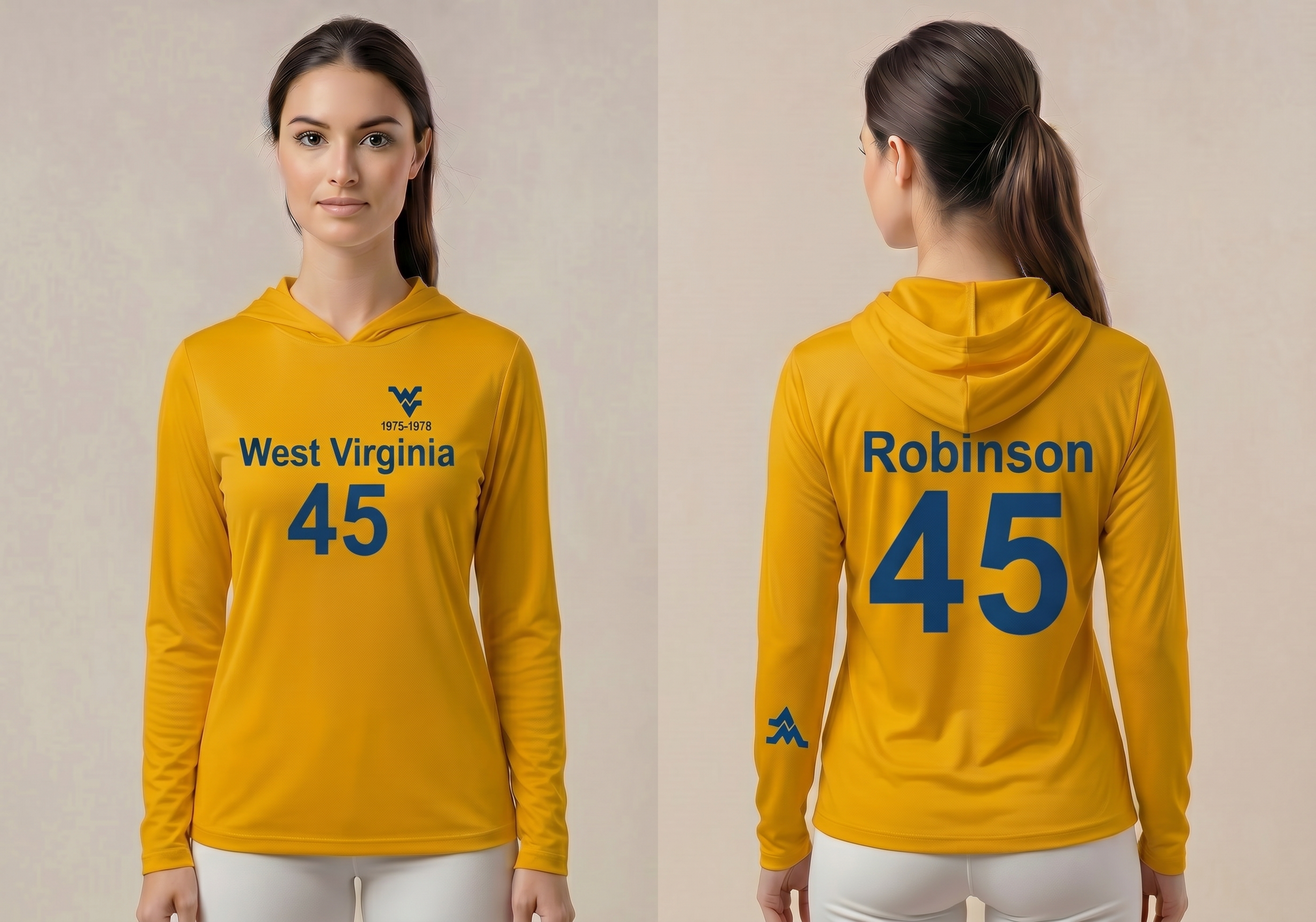Licensed WVU Gold Cooling Performance Hooded Long Sleeve Tee (Men’s/Unisex) | “Maurice Robinson” | Spring/Summer Collection | Sassy Foot Fashion