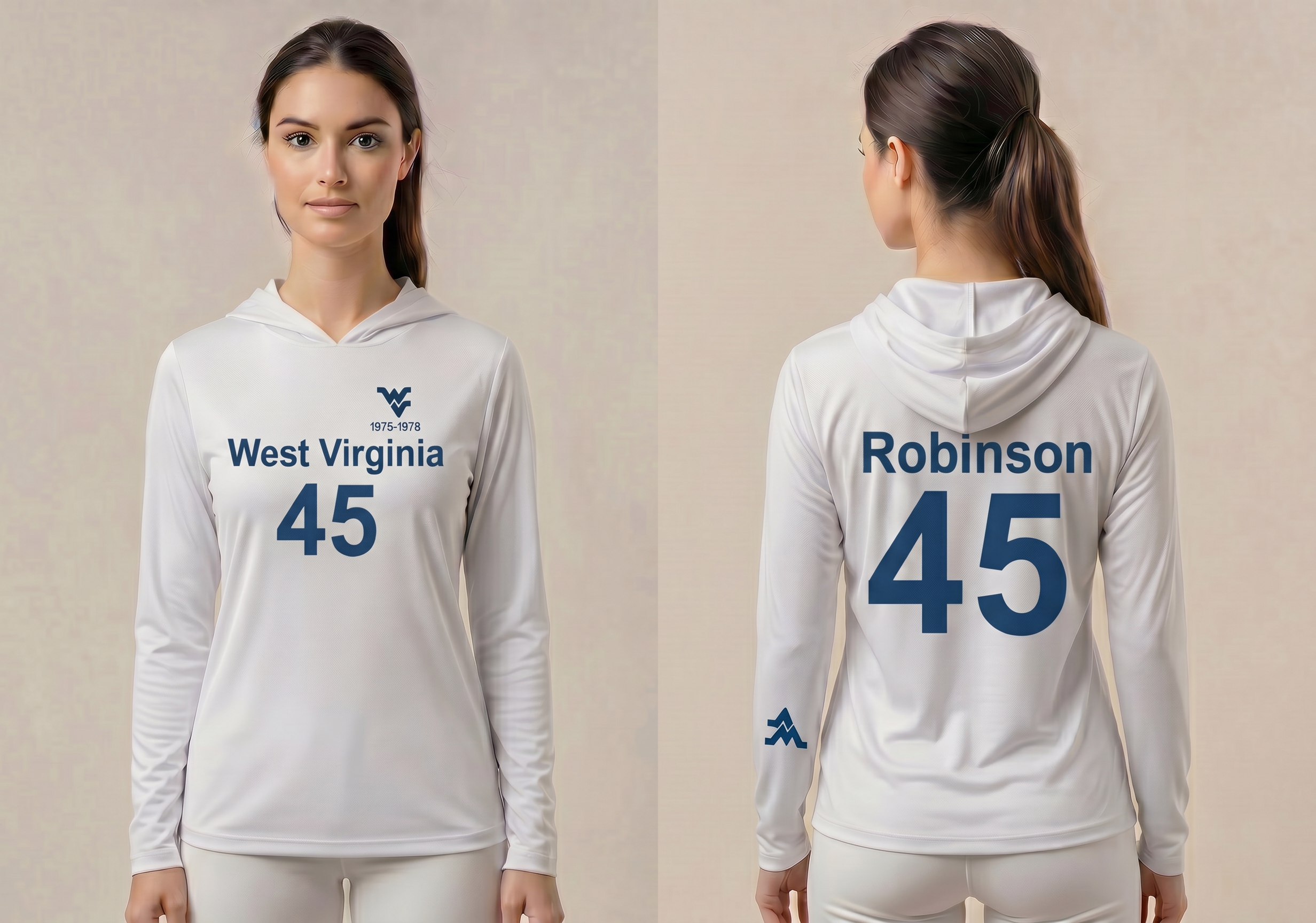 Licensed WVU White Cooling Performance Hooded Long Sleeve Tee (Men’s/Unisex) | “Maurice Robinson” | Spring/Summer Collection | Sassy Foot Fashion
