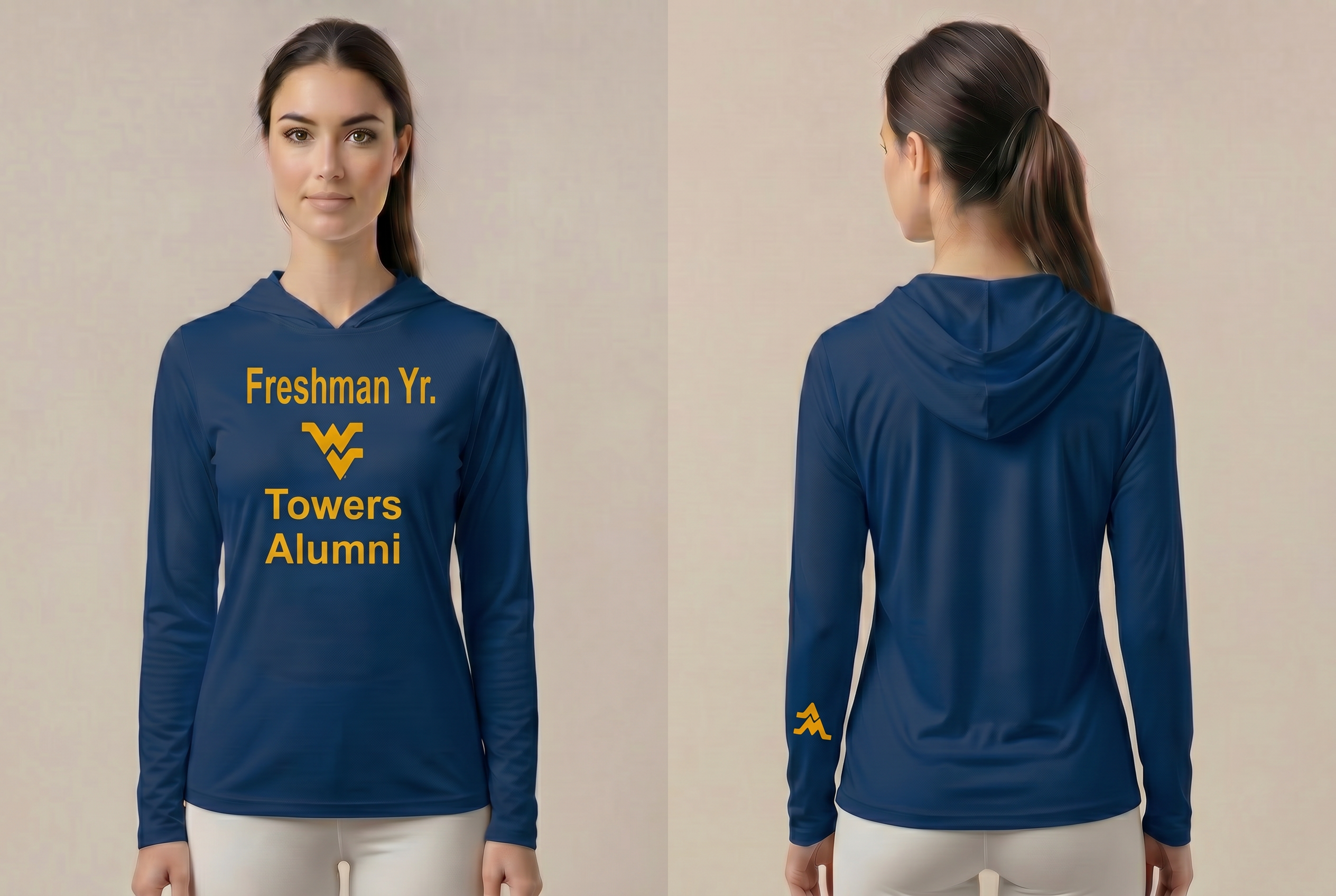Licensed WVU Blue Cooling Performance Hooded Long Sleeve Tee (Men’s/Unisex) | “Freshman Yr. Towers Alumni” | Spring/Summer Collection | Sassy Foot Fashion