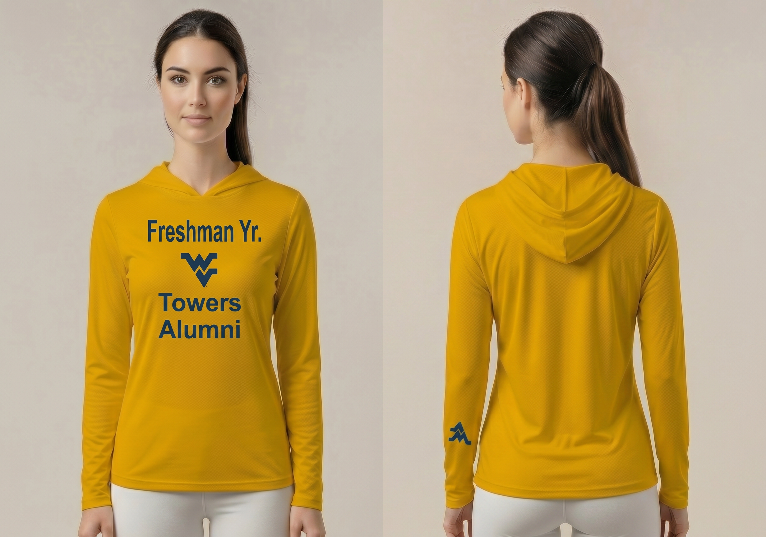 Licensed WVU Gold Cooling Performance Hooded Long Sleeve Tee (Men’s/Unisex) | “Freshman Yr. Towers Alumni” | Spring/Summer Collection | Sassy Foot Fashion