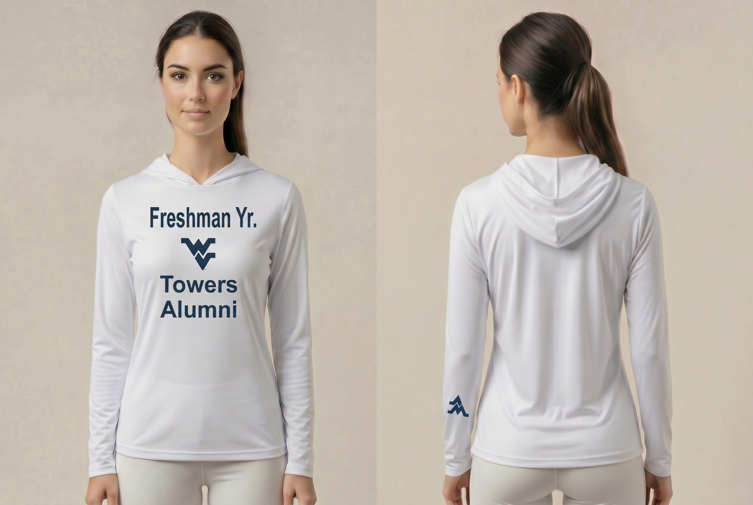 Licensed WVU White Cooling Performance Hooded Long Sleeve Tee (Men’s/Unisex) | “Freshman Yr. Towers Alumni” | Spring/Summer Collection | Sassy Foot Fashion