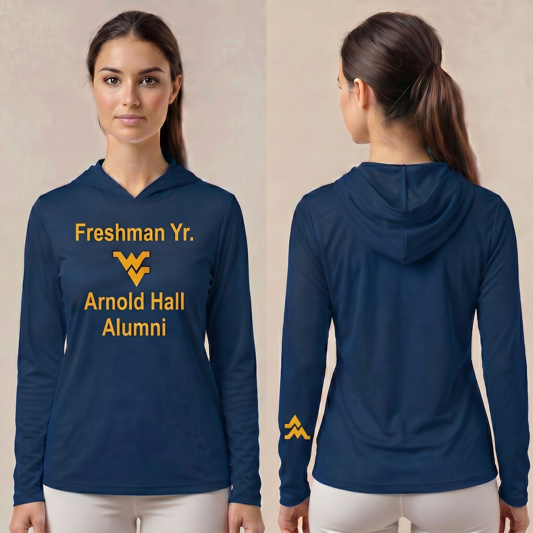 Licensed WVU Blue Cooling Performance Hooded Long Sleeve Tee (Women’s/Unisex) | “Freshman Yr. Arnold Hall Alumni” | Spring/Summer Collection | Sassy Foot Fashion