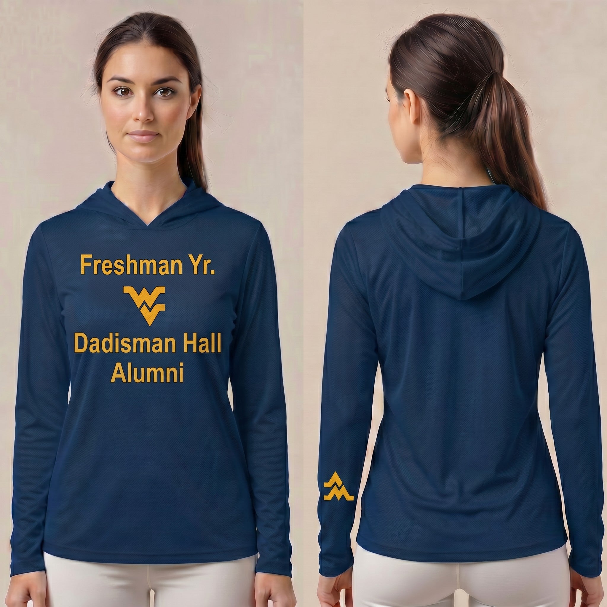 Licensed WVU Blue Cooling Performance Hooded Long Sleeve Tee (Women’s/Unisex) | “Freshman Yr. Dadisman Hall Alumni” | Spring/Summer Collection | Sassy Foot Fashion