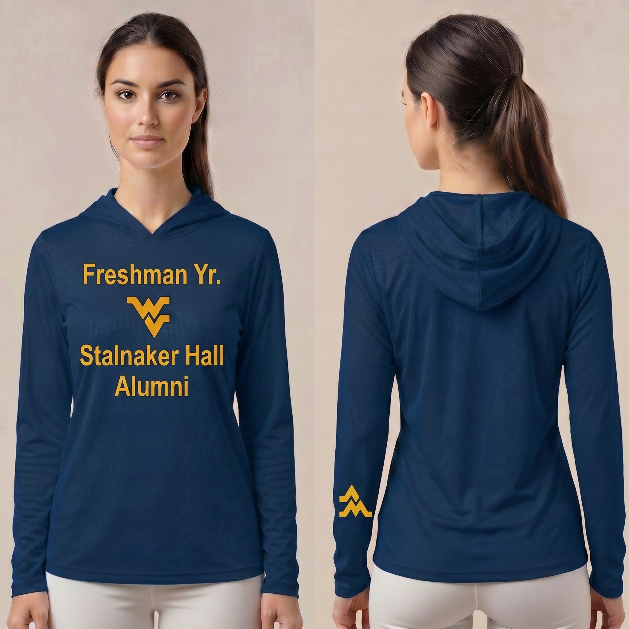 Licensed WVU Blue Cooling Performance Hooded Long Sleeve Tee (Women’s/Unisex) | “Freshman Yr. Stalnaker Hall Alumni” | Spring/Summer Collection | Sassy Foot Fashion