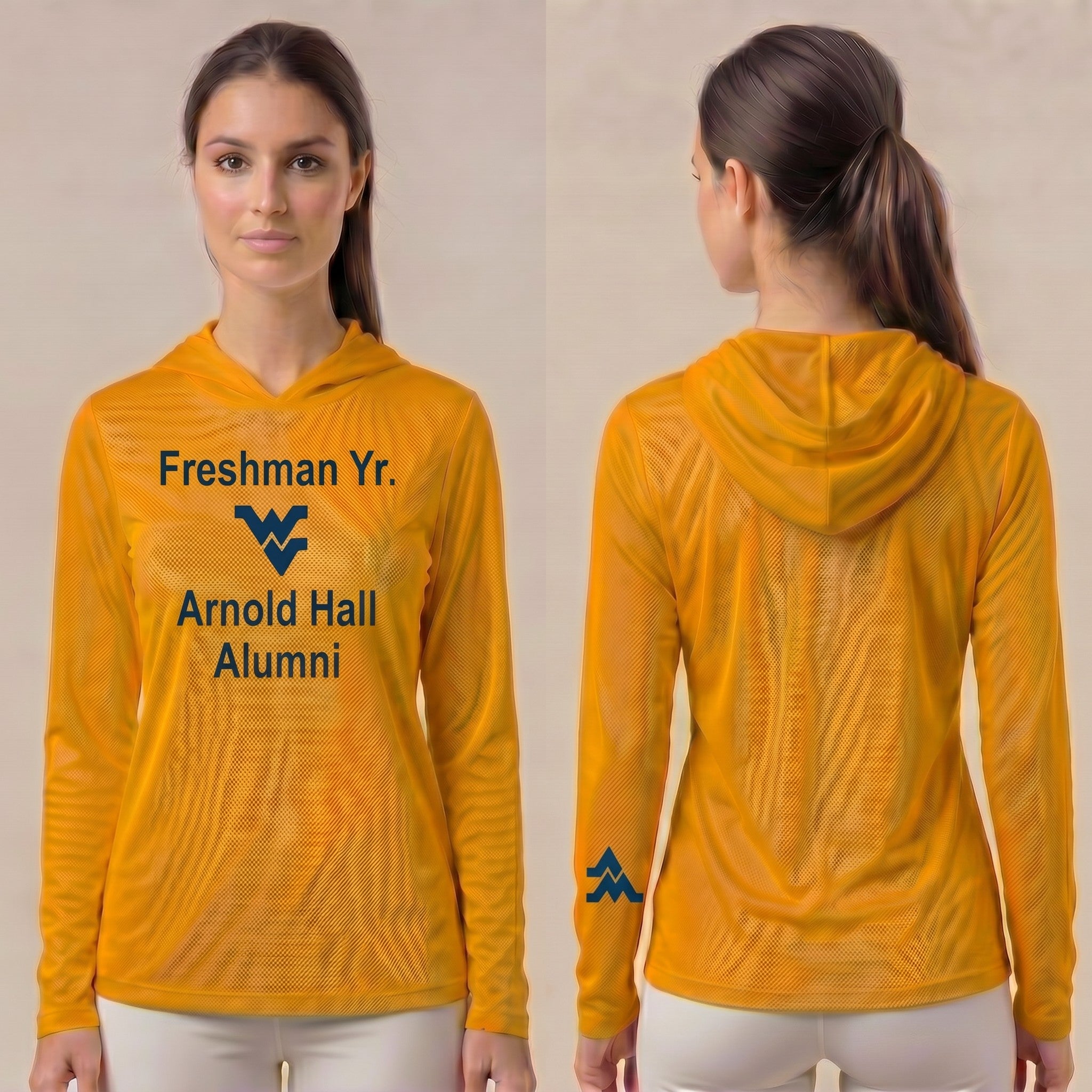 Licensed WVU Gold Cooling Performance Hooded Long Sleeve Tee (Women’s/Unisex) | “Freshman Yr. Arnold Hall Alumni” | Spring/Summer Collection | Sassy Foot Fashion