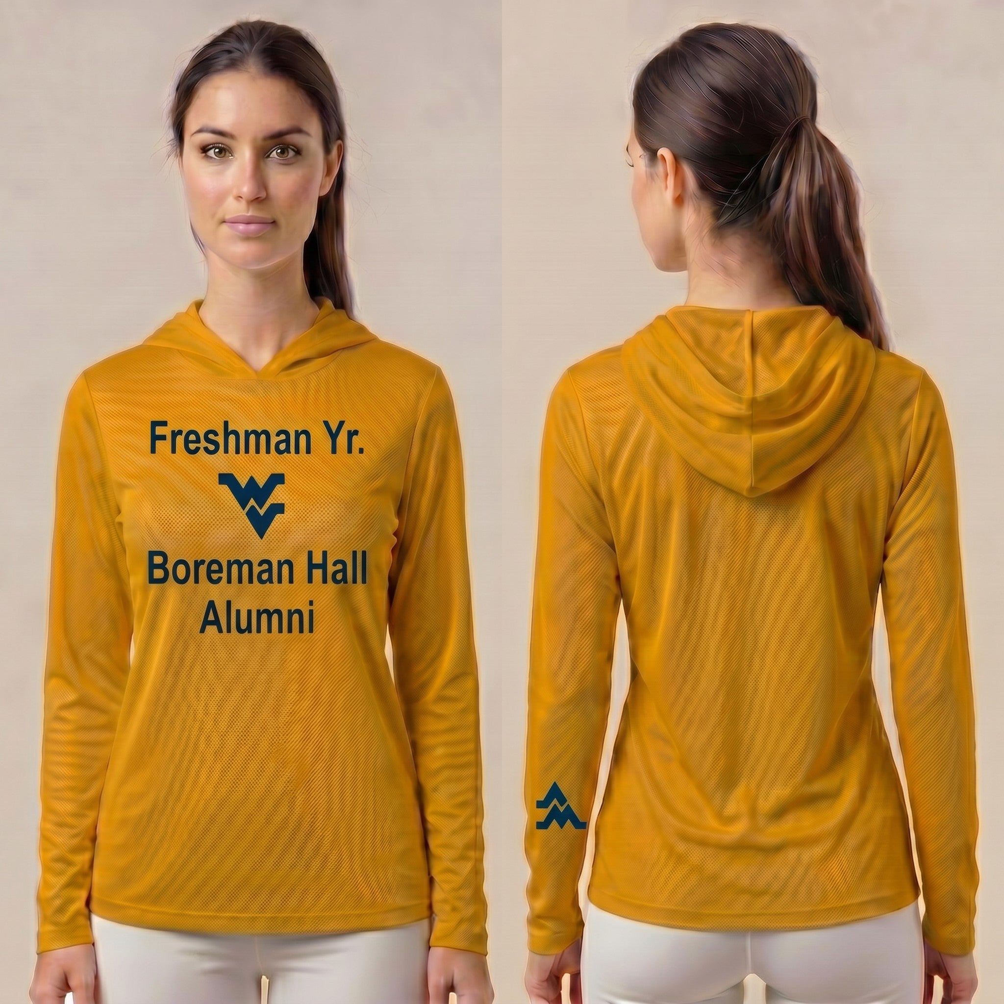 Licensed WVU Gold Cooling Performance Hooded Long Sleeve Tee (Women’s/Unisex) | “Freshman Yr. Boreman Hall Alumni” | Spring/Summer Collection | Sassy Foot Fashion