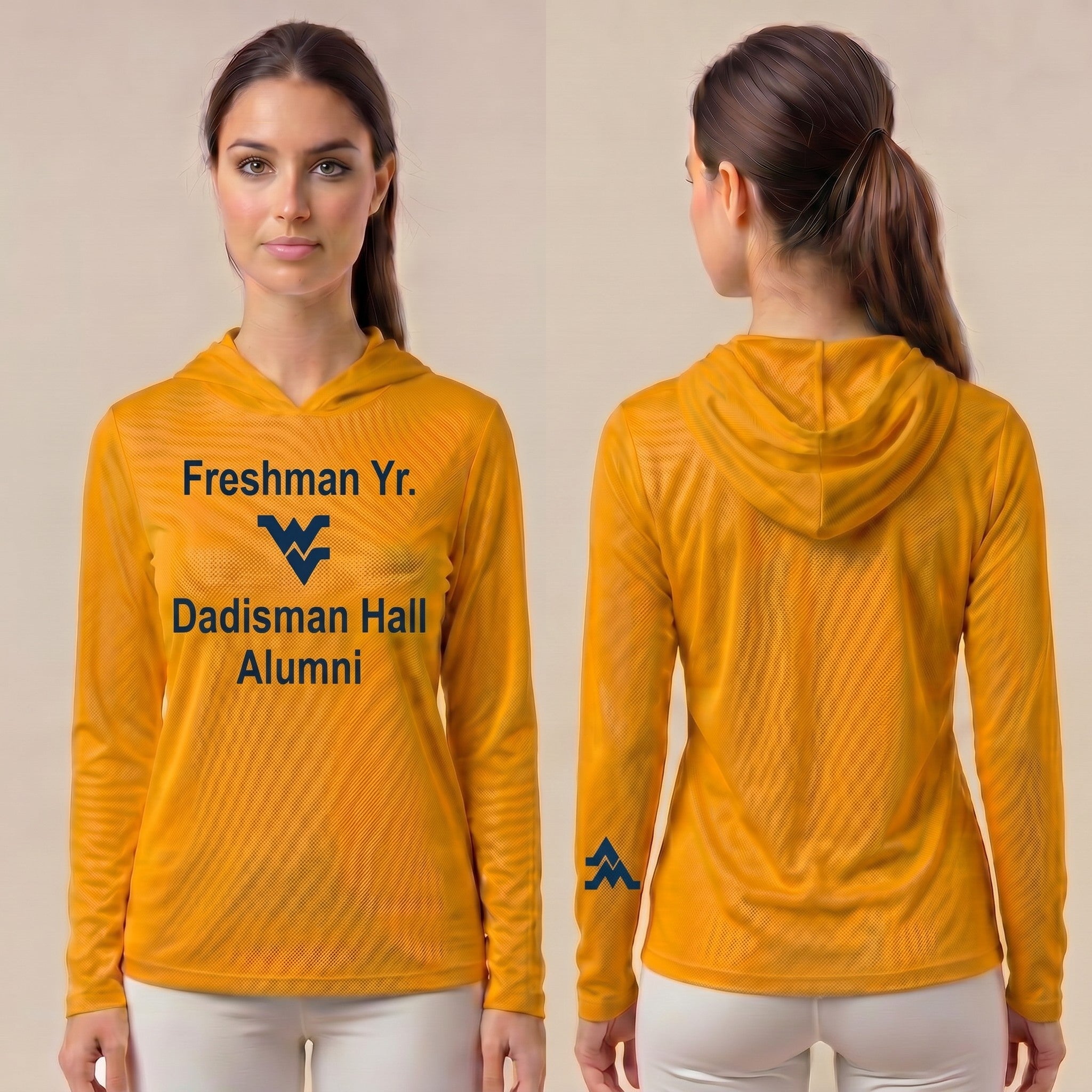 Licensed WVU Gold Cooling Performance Hooded Long Sleeve Tee (Women’s/Unisex) | “Freshman Yr. Dadisman Hall Alumni” | Spring/Summer Collection | Sassy Foot Fashion