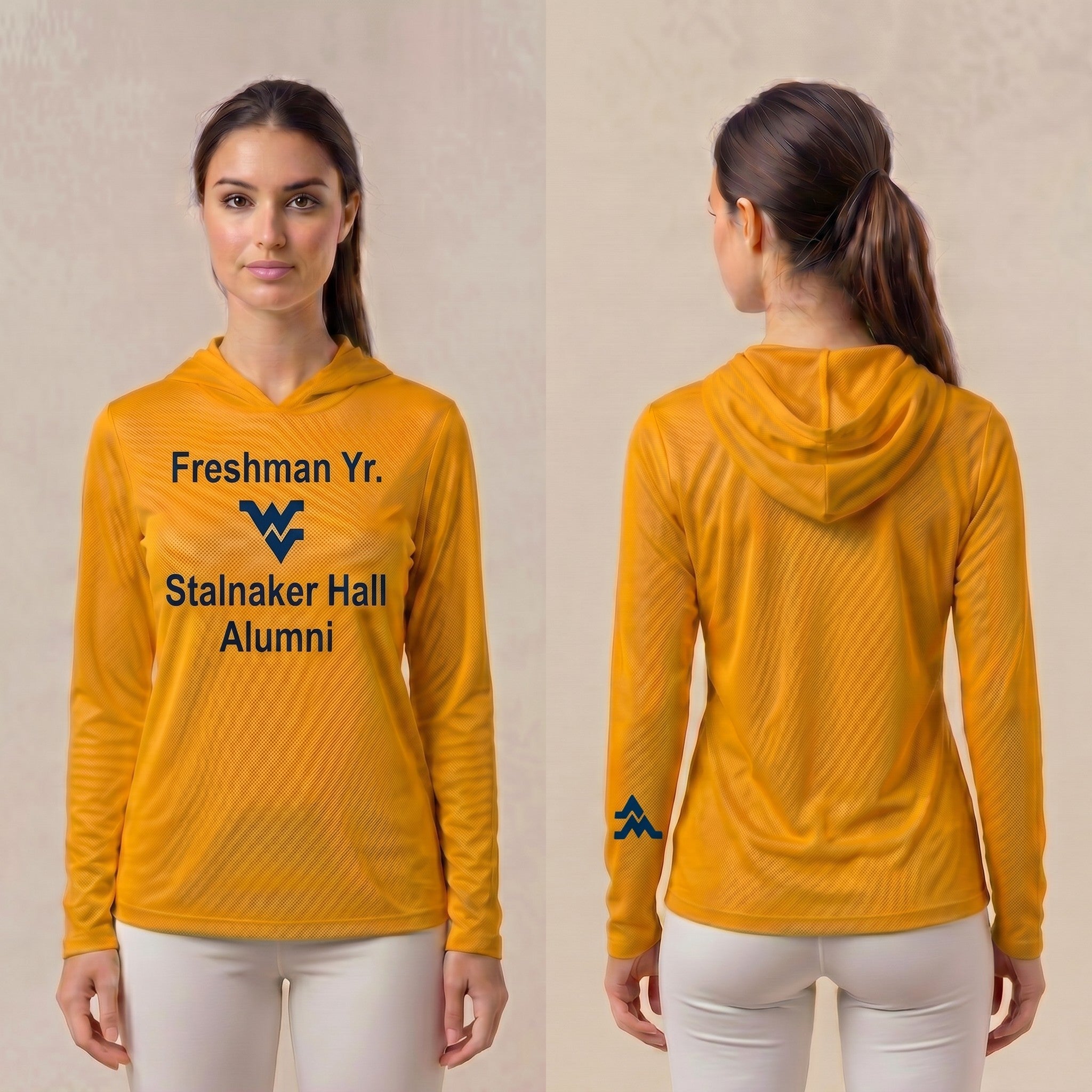 Licensed WVU Gold Cooling Performance Hooded Long Sleeve Tee (Women’s/Unisex) | “Freshman Yr. Stalnaker Hall Alumni” | Spring/Summer Collection | Sassy Foot Fashion