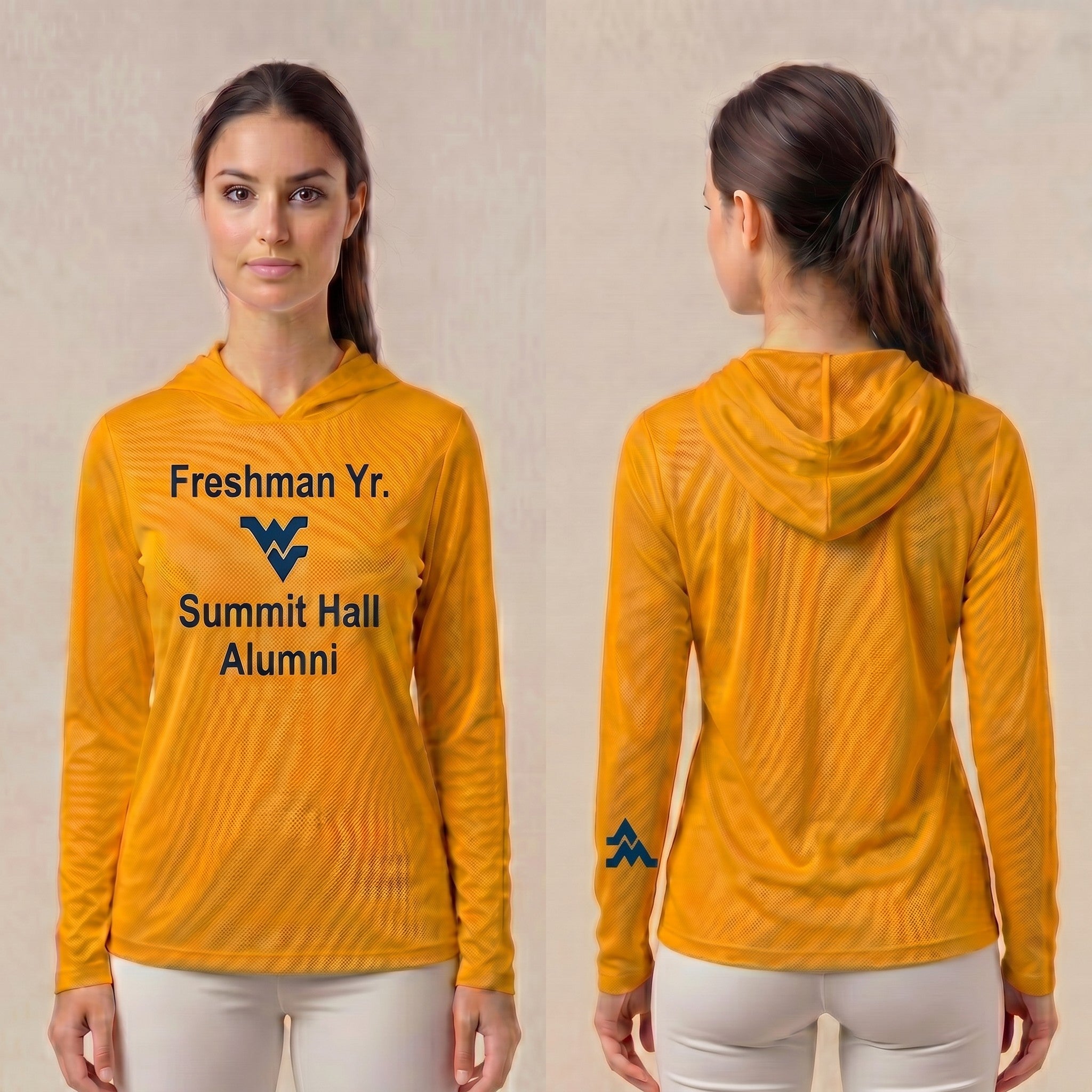 Licensed WVU Gold Cooling Performance Hooded Long Sleeve Tee (Women’s/Unisex) | “Freshman Yr. Summit Hall Alumni” | Spring/Summer Collection | Sassy Foot Fashion