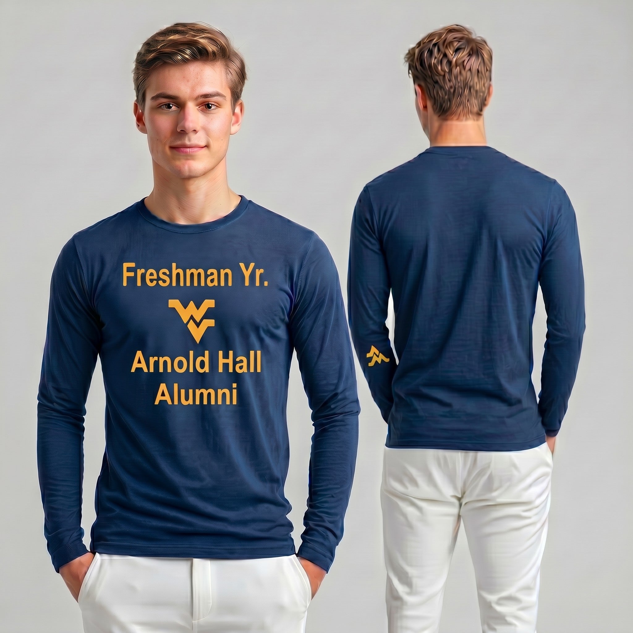 Licensed Men's/Unisex WVU Blue | Cooling Performance Long Sleeve Tee | “Freshman Yr. Arnold Hall Alumni” by Sassy Foot Fashion