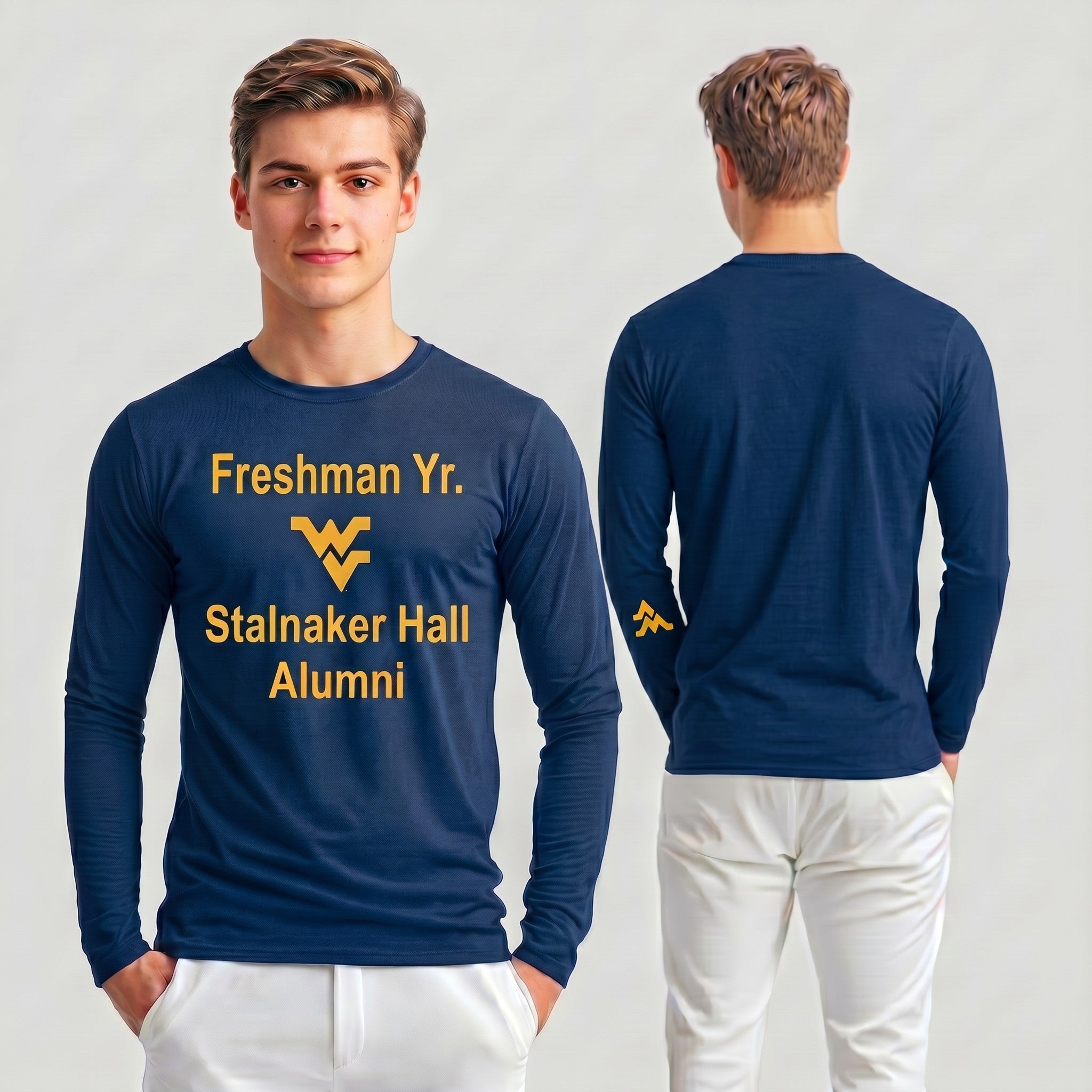 Licensed Men's/Unisex WVU Blue | Cooling Performance Long Sleeve Tee | “Freshman Yr. Stalnaker Hall Alumni” by Sassy Foot Fashion