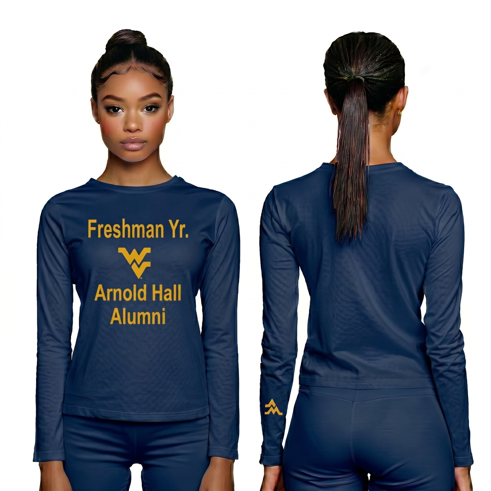Licensed Women's WVU Blue | Cooling Performance Long Sleeve Tee | “Freshman Yr. Arnold Hall Alumni” by Sassy Foot Fashion