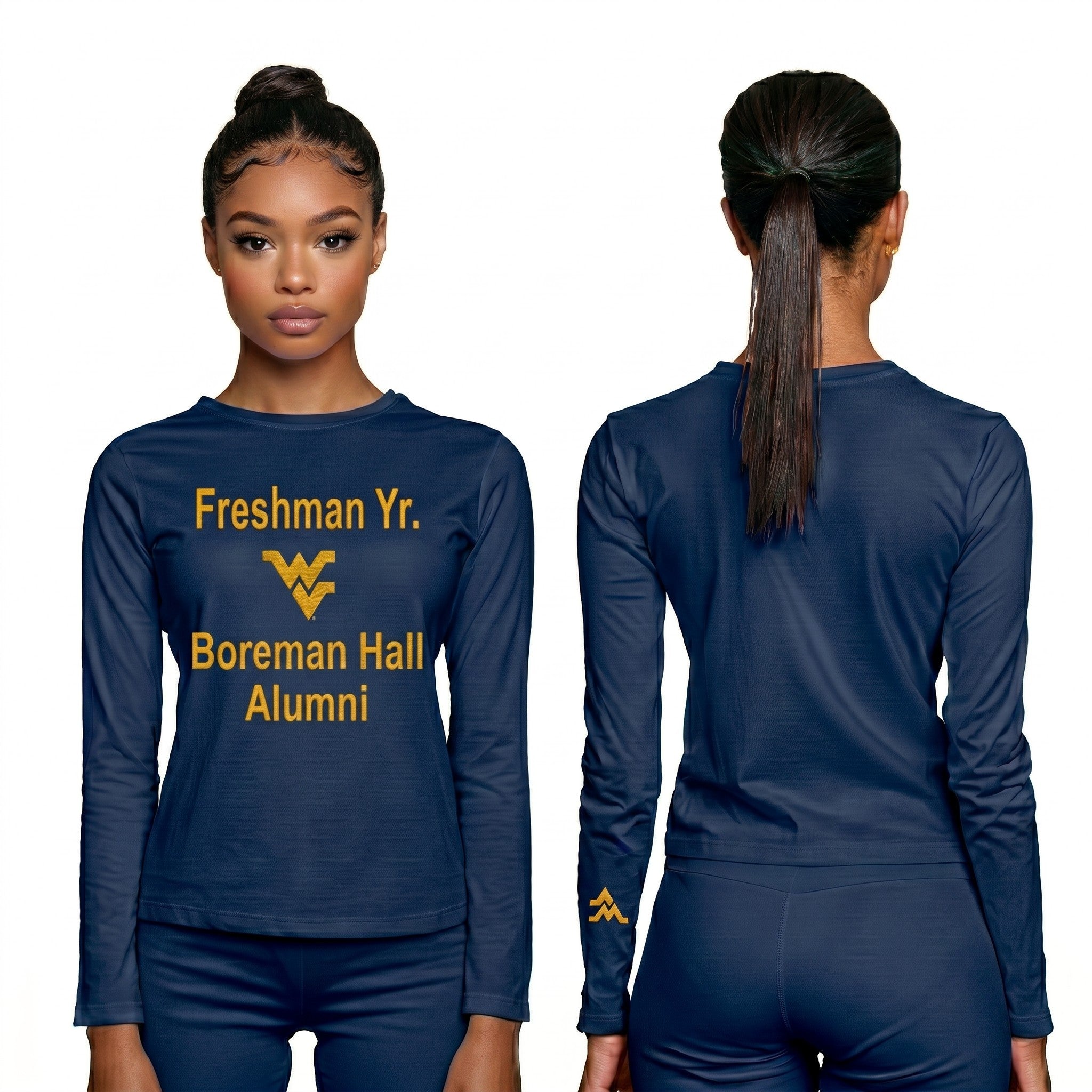 Licensed Women's WVU Blue | Cooling Performance Long Sleeve Tee | “Freshman Yr. Boreman Hall Alumni” by Sassy Foot Fashion