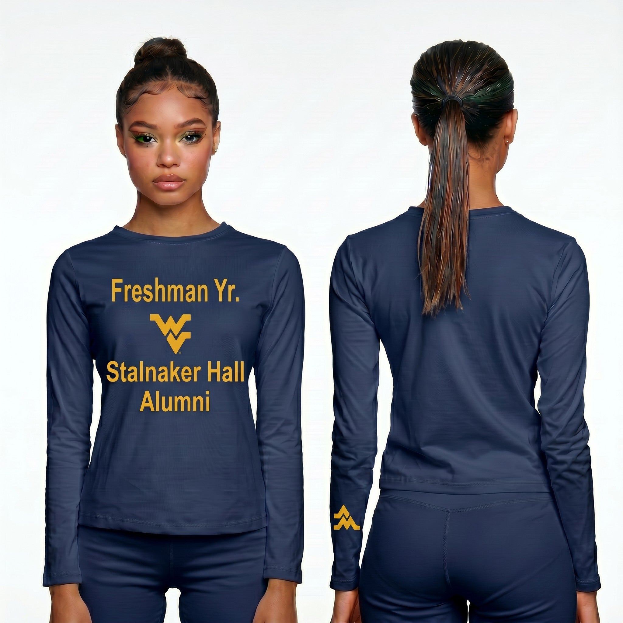 Licensed Women's WVU Blue | Cooling Performance Long Sleeve Tee | “Freshman Yr. Stalnaker Hall Alumni” by Sassy Foot Fashion