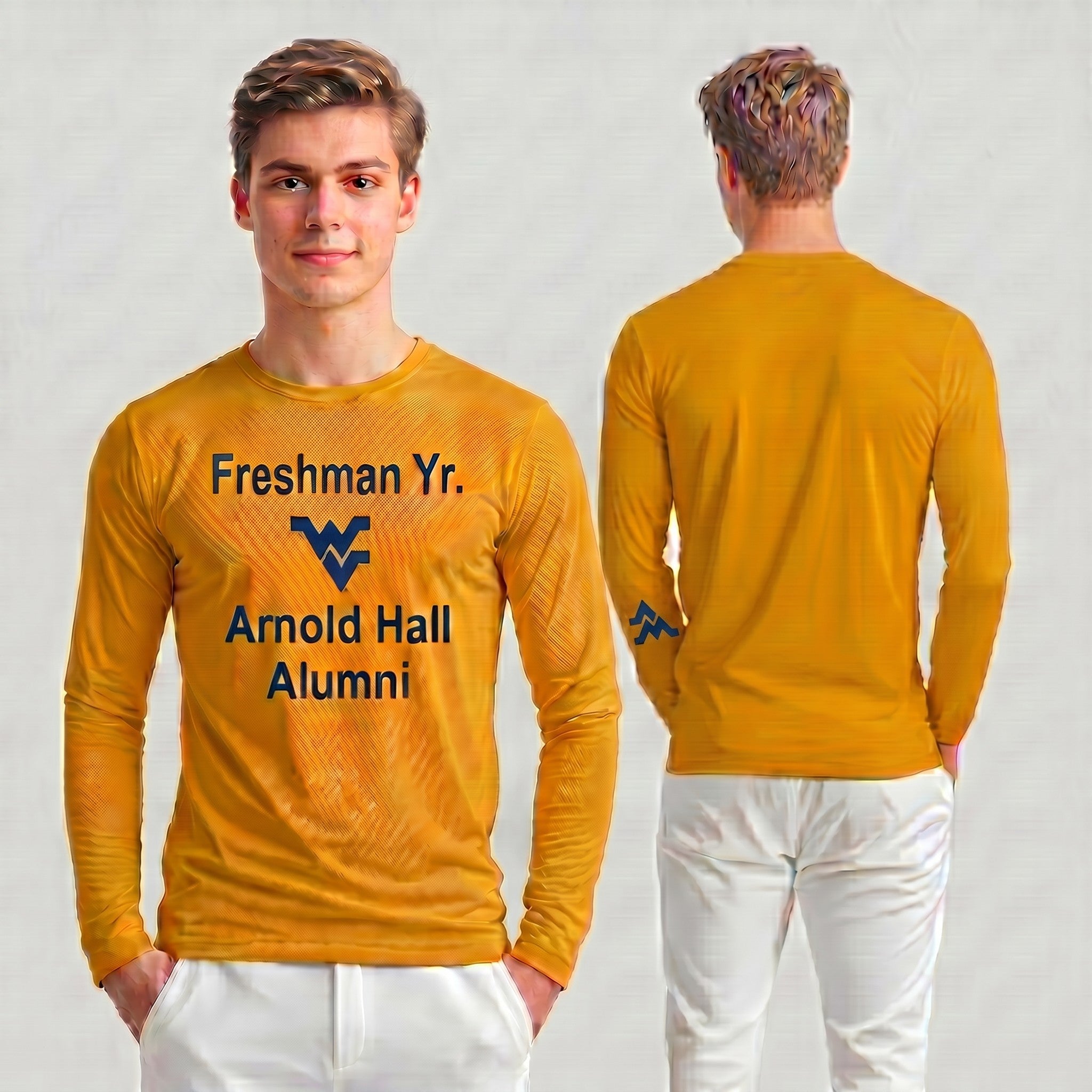 Licensed Men's/Unisex WVU Gold | Cooling Performance Long Sleeve Tee | “Freshman Yr. Arnold Hall Alumni” by Sassy Foot Fashion