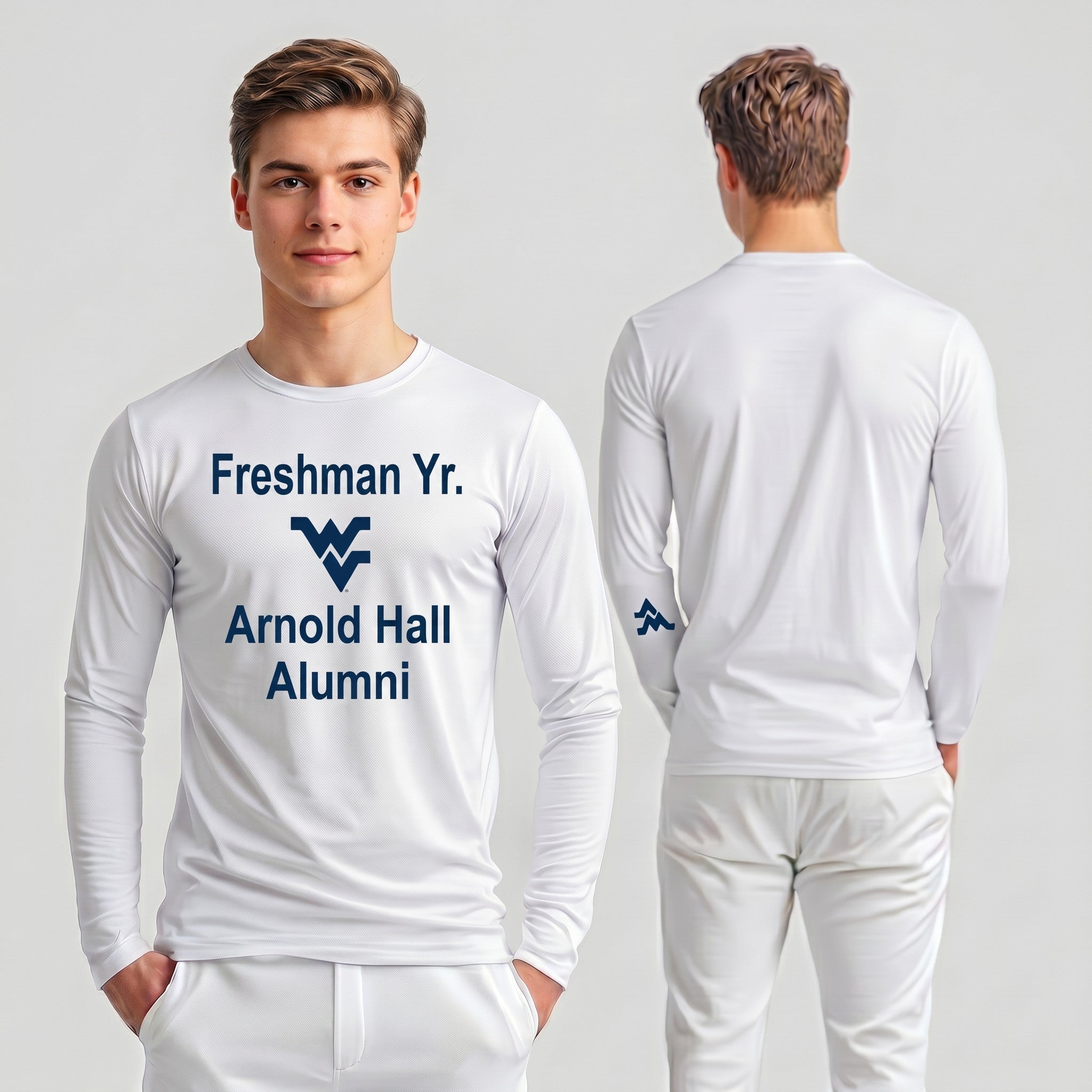 Licensed Men's/Unisex WVU White | Cooling Performance Long Sleeve Tee | “Freshman Yr. Arnold Hall Alumni” by Sassy Foot Fashion