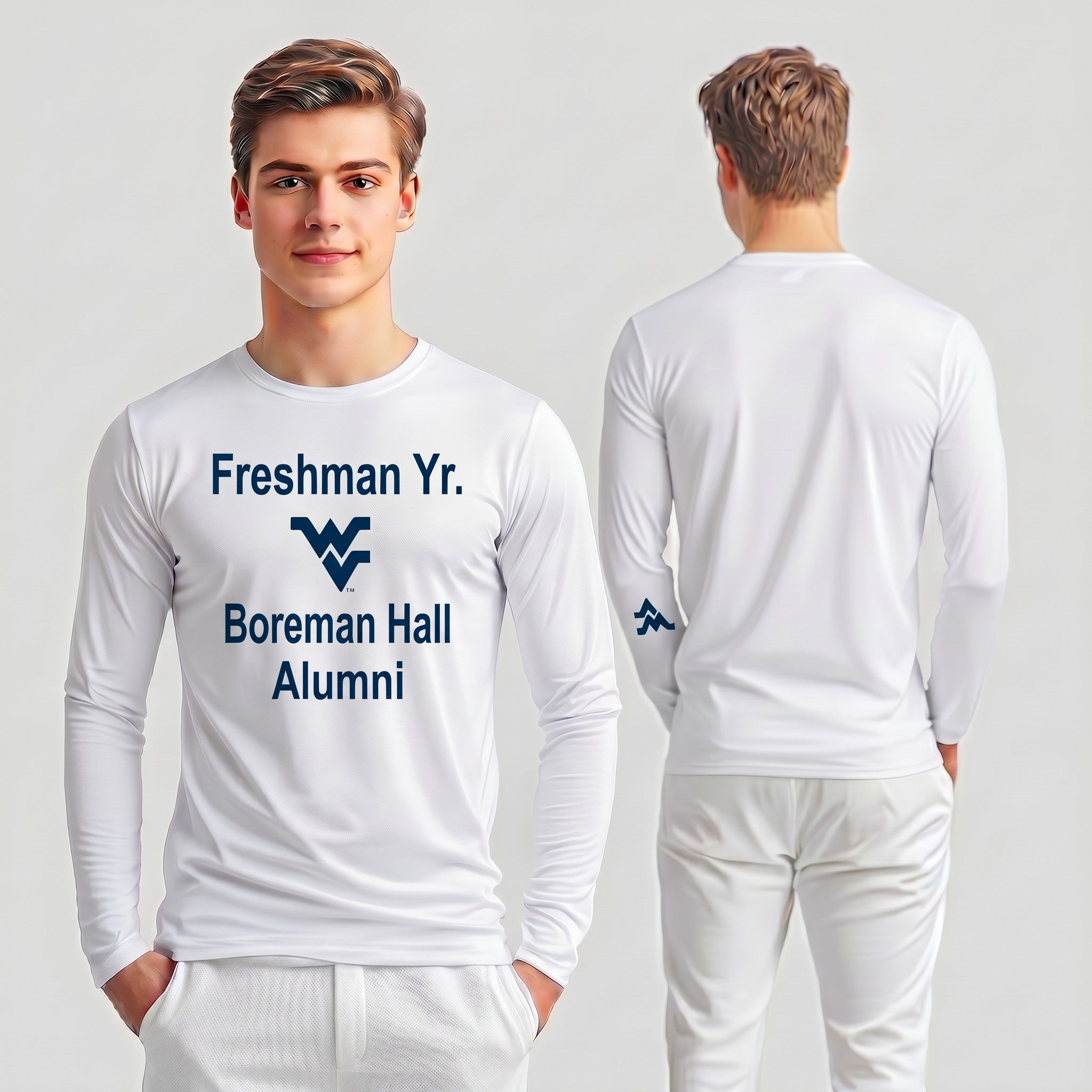 Licensed Men's/Unisex WVU White | Cooling Performance Long Sleeve Tee | “Freshman Yr. Boreman Hall Alumni” by Sassy Foot Fashion