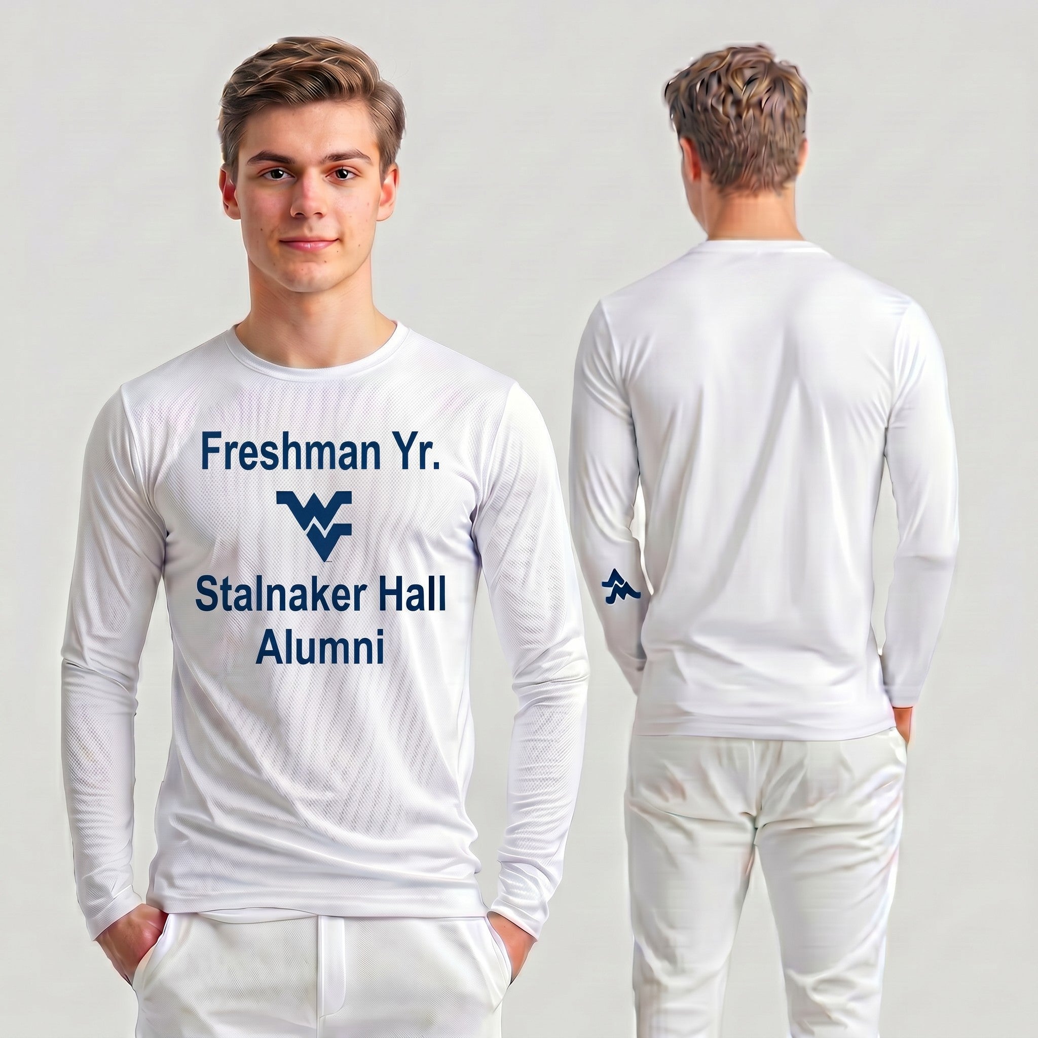 Licensed Men's/Unisex WVU White | Cooling Performance Long Sleeve Tee | “Freshman Yr. Stalnaker Hall Alumni” by Sassy Foot Fashion