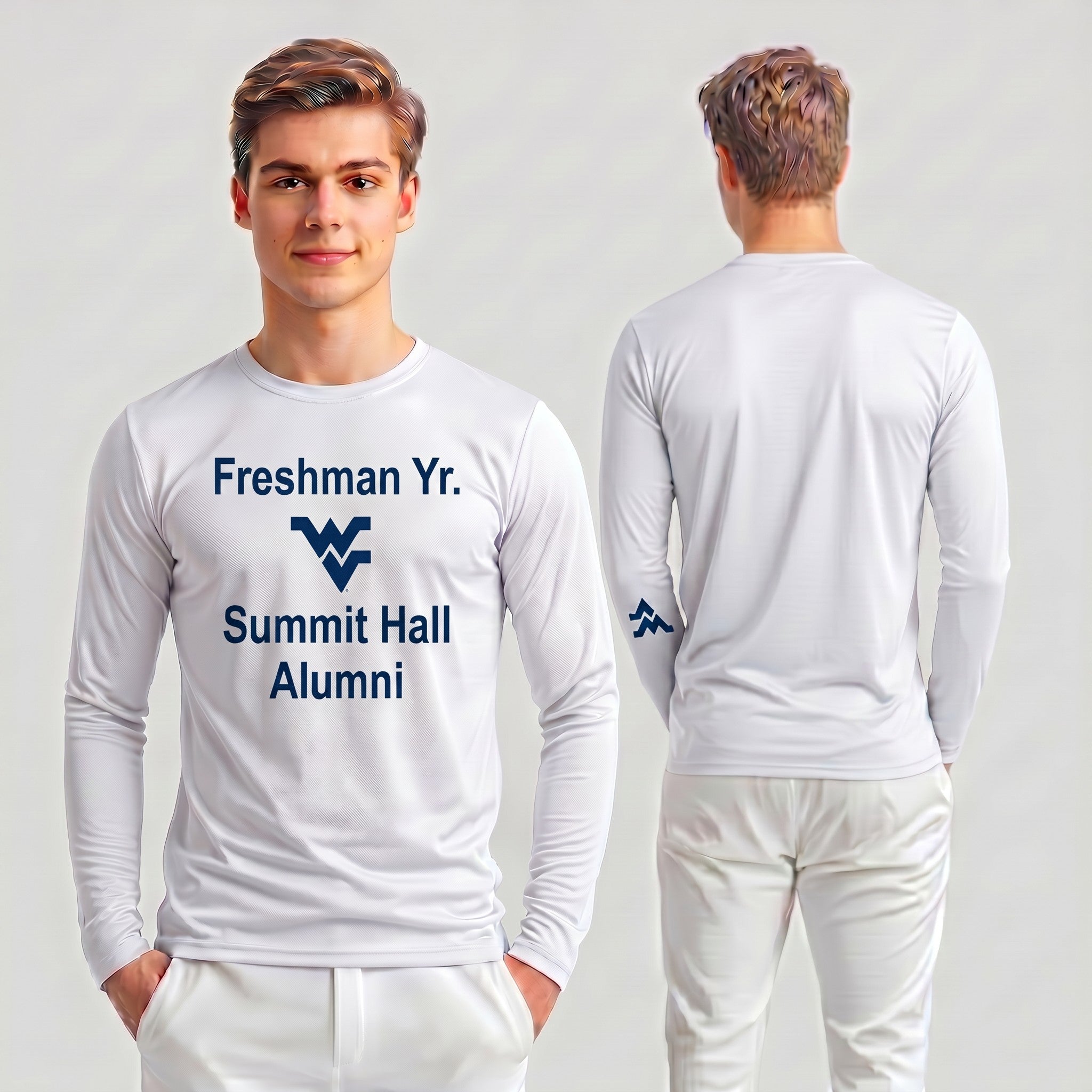 Licensed Men's/Unisex WVU White | Cooling Performance Long Sleeve Tee | “Freshman Yr. Summit Hall Alumni” by Sassy Foot Fashion