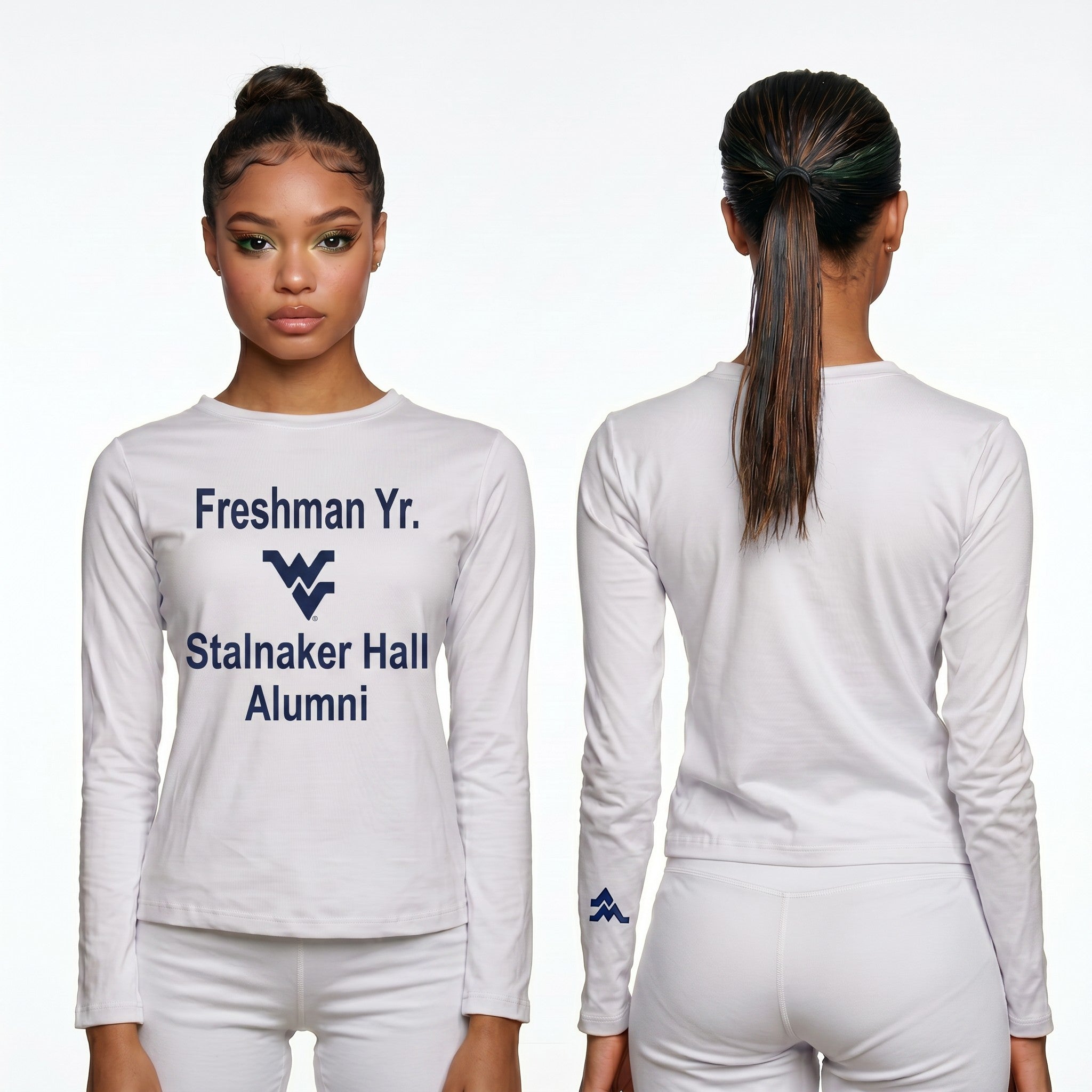 Licensed Women's WVU White | Cooling Performance Long Sleeve Tee | “Freshman Yr. Stalnaker Hall Alumni” by Sassy Foot Fashion