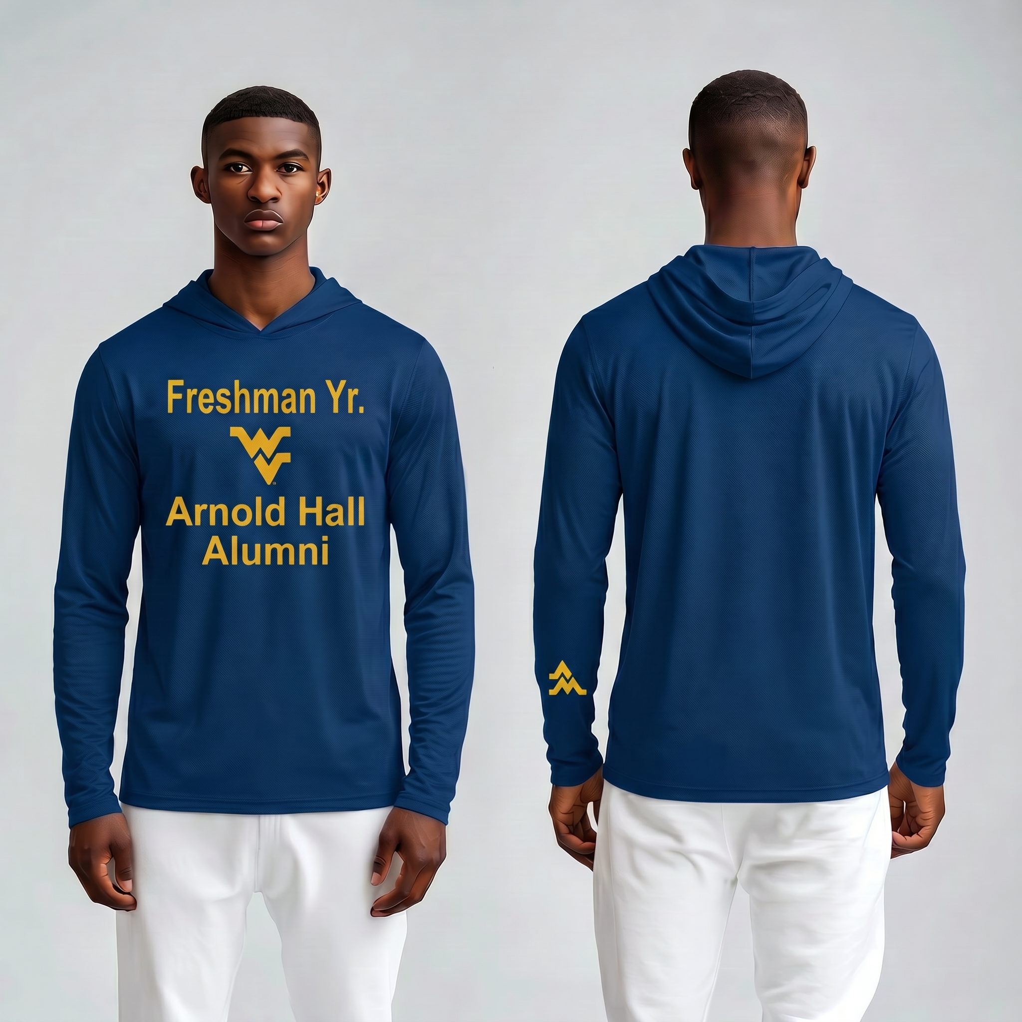 Licensed WVU Blue Cooling Performance Hooded Long Sleeve Tee (Men’s/Unisex) | “Freshman Yr. Arnold Hall Alumni” | Spring/Summer Collection | Sassy Foot Fashion