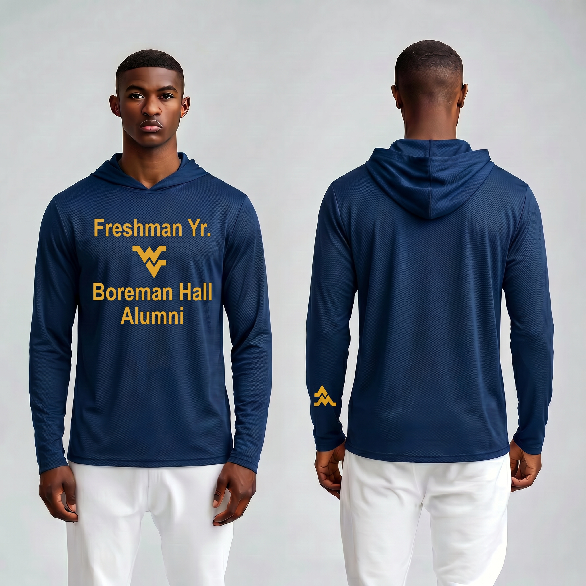 Licensed WVU Blue Cooling Performance Hooded Long Sleeve Tee (Men’s/Unisex) | “Freshman Yr. Boreman Hall Alumni” | Spring/Summer Collection | Sassy Foot Fashion