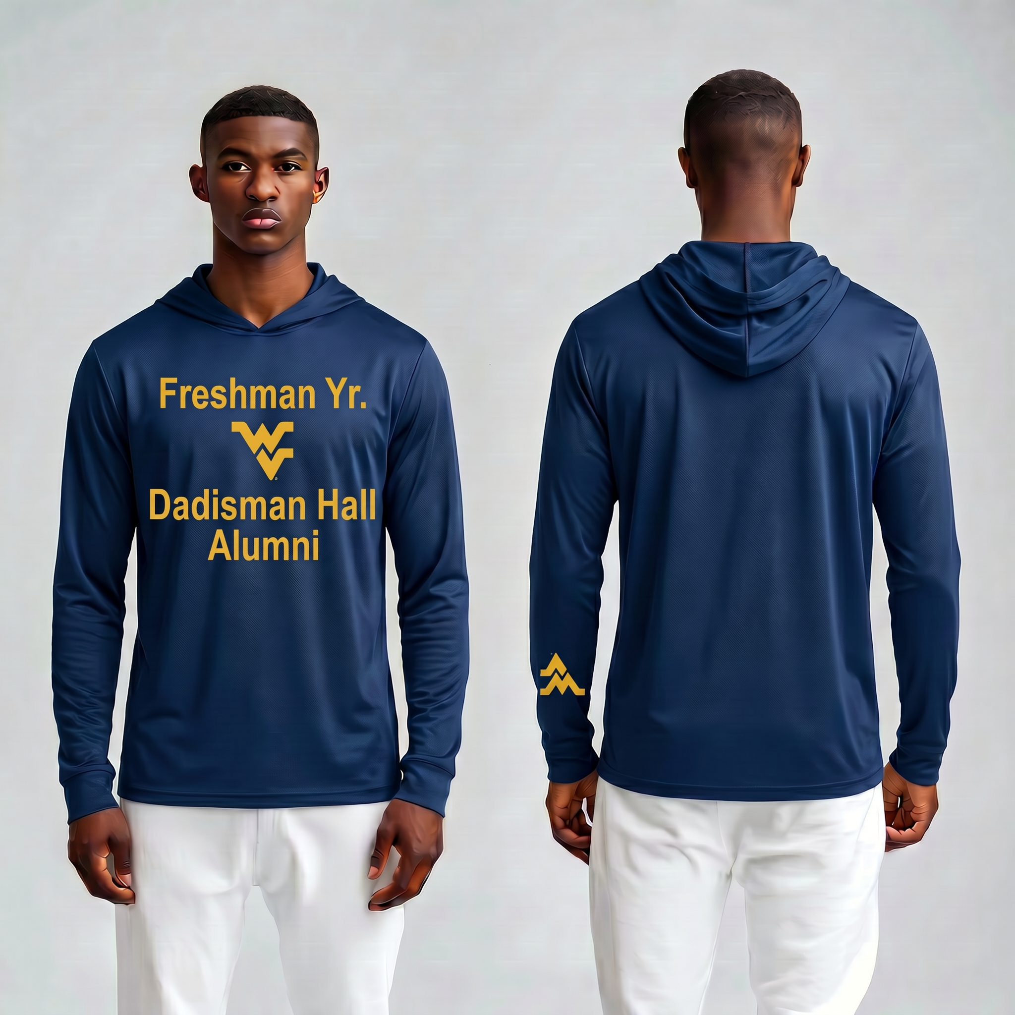 Licensed WVU Blue Cooling Performance Hooded Long Sleeve Tee (Men’s/Unisex) | “Freshman Yr. Dadisman Hall Alumni” | Spring/Summer Collection | Sassy Foot Fashion