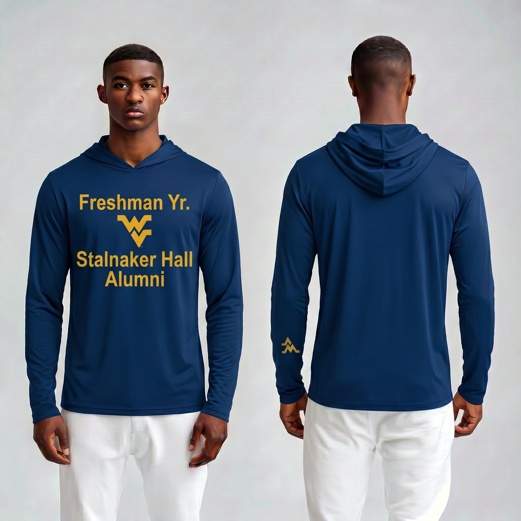 Licensed WVU Blue Cooling Performance Hooded Long Sleeve Tee (Men’s/Unisex) | “Freshman Yr. Stalnaker Hall Alumni” | Spring/Summer Collection | Sassy Foot Fashion