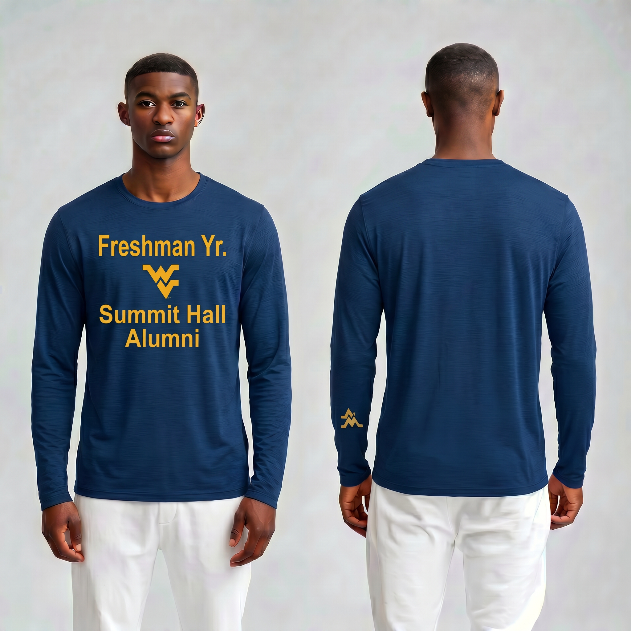 Licensed WVU Blue Cooling Performance Hooded Long Sleeve Tee (Men’s/Unisex) | “Freshman Yr. Summit Hall Alumni” | Spring/Summer Collection | Sassy Foot Fashion