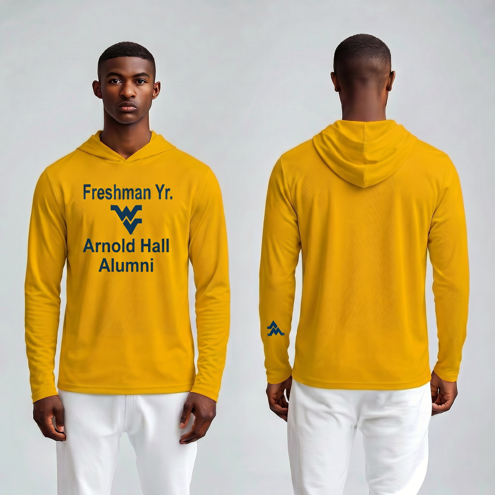 Licensed WVU Gold Cooling Performance Hooded Long Sleeve Tee (Men’s/Unisex) | “Freshman Yr. Arnold Hall Alumni” | Spring/Summer Collection | Sassy Foot Fashion
