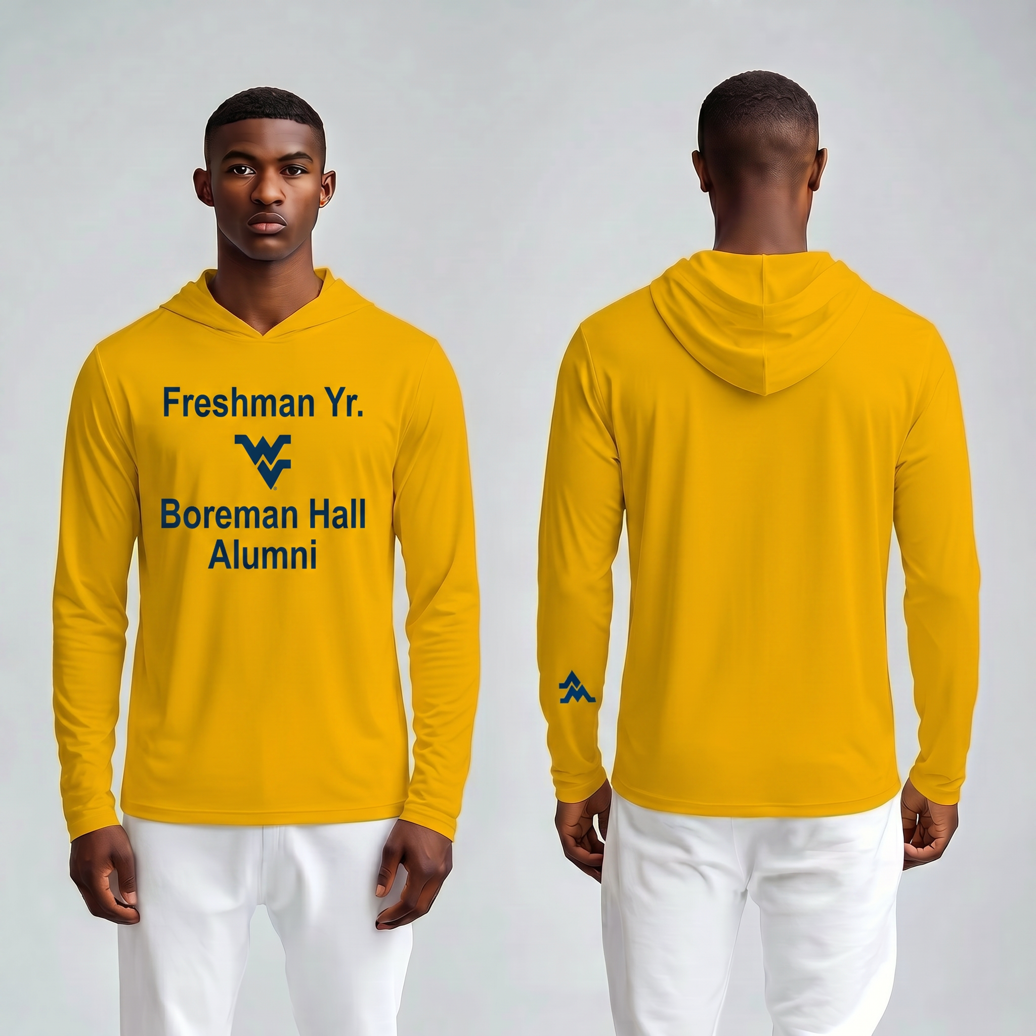 Licensed WVU Gold Cooling Performance Hooded Long Sleeve Tee (Men’s/Unisex) | “Freshman Yr. Boreman Hall Alumni” | Spring/Summer Collection | Sassy Foot Fashion