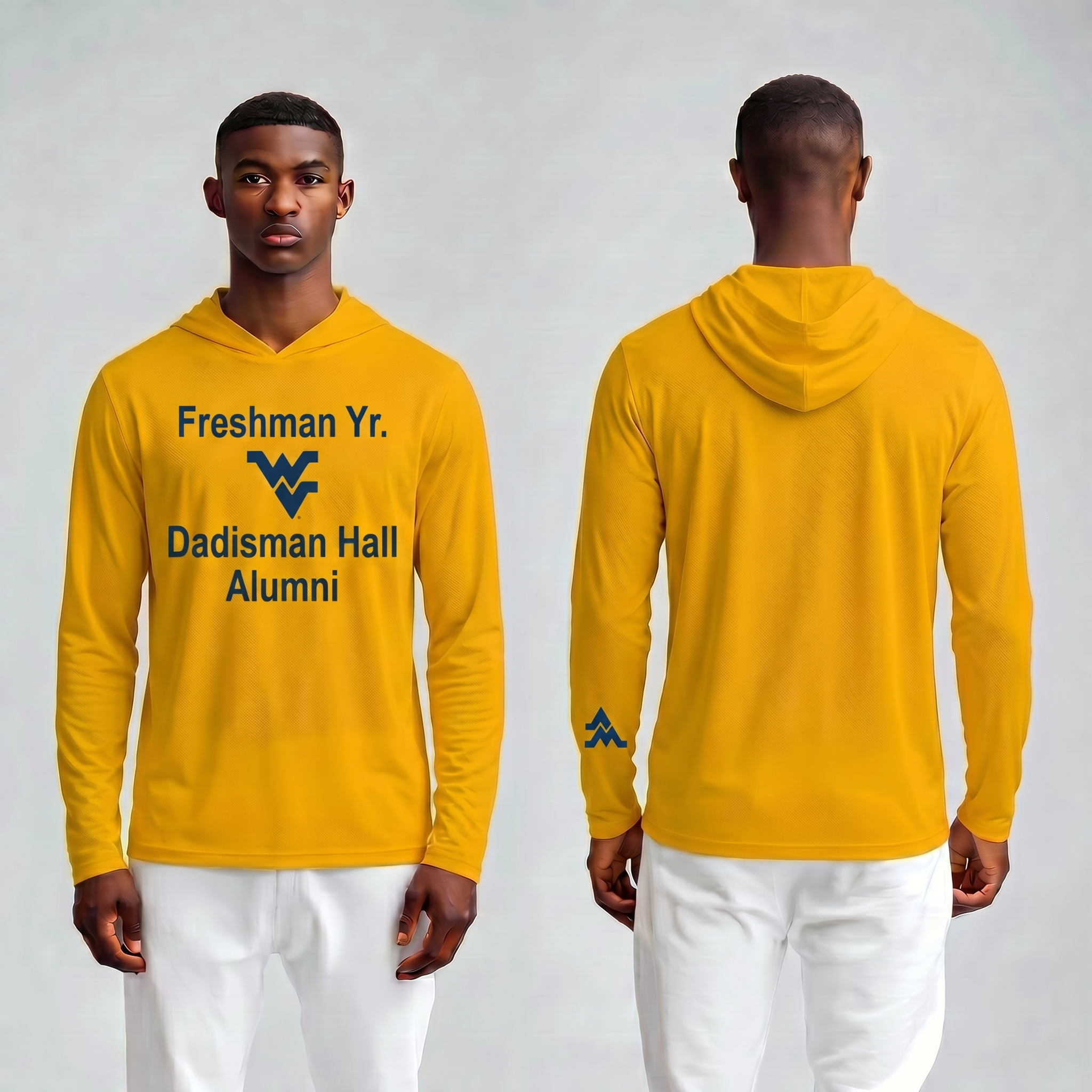 Licensed WVU Gold Cooling Performance Hooded Long Sleeve Tee (Men’s/Unisex) | “Freshman Yr. Dadisman Hall Alumni” | Spring/Summer Collection | Sassy Foot Fashion