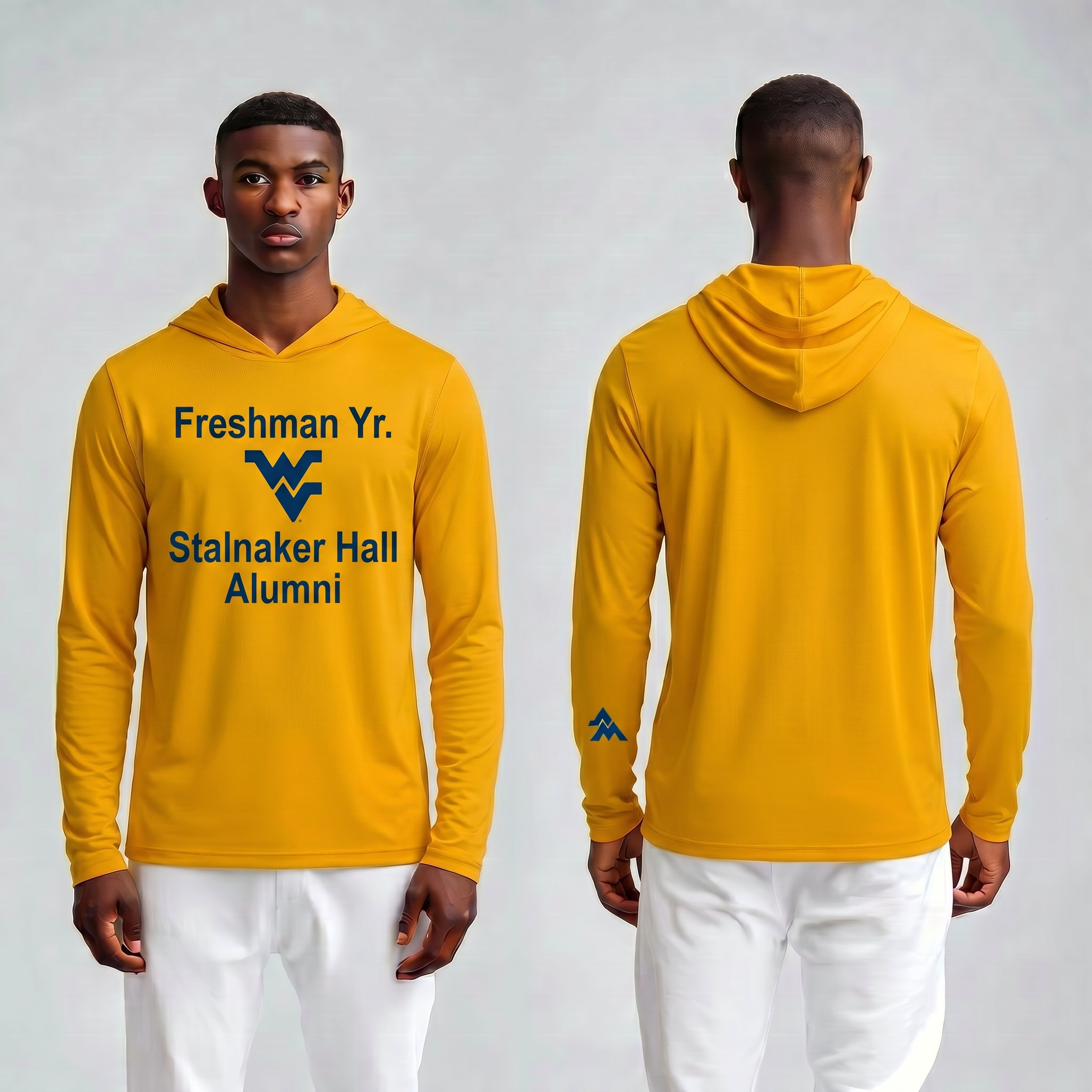 Licensed WVU Gold Cooling Performance Hooded Long Sleeve Tee (Men’s/Unisex) | “Freshman Yr. Stalnaker Hall Alumni” | Spring/Summer Collection | Sassy Foot Fashion