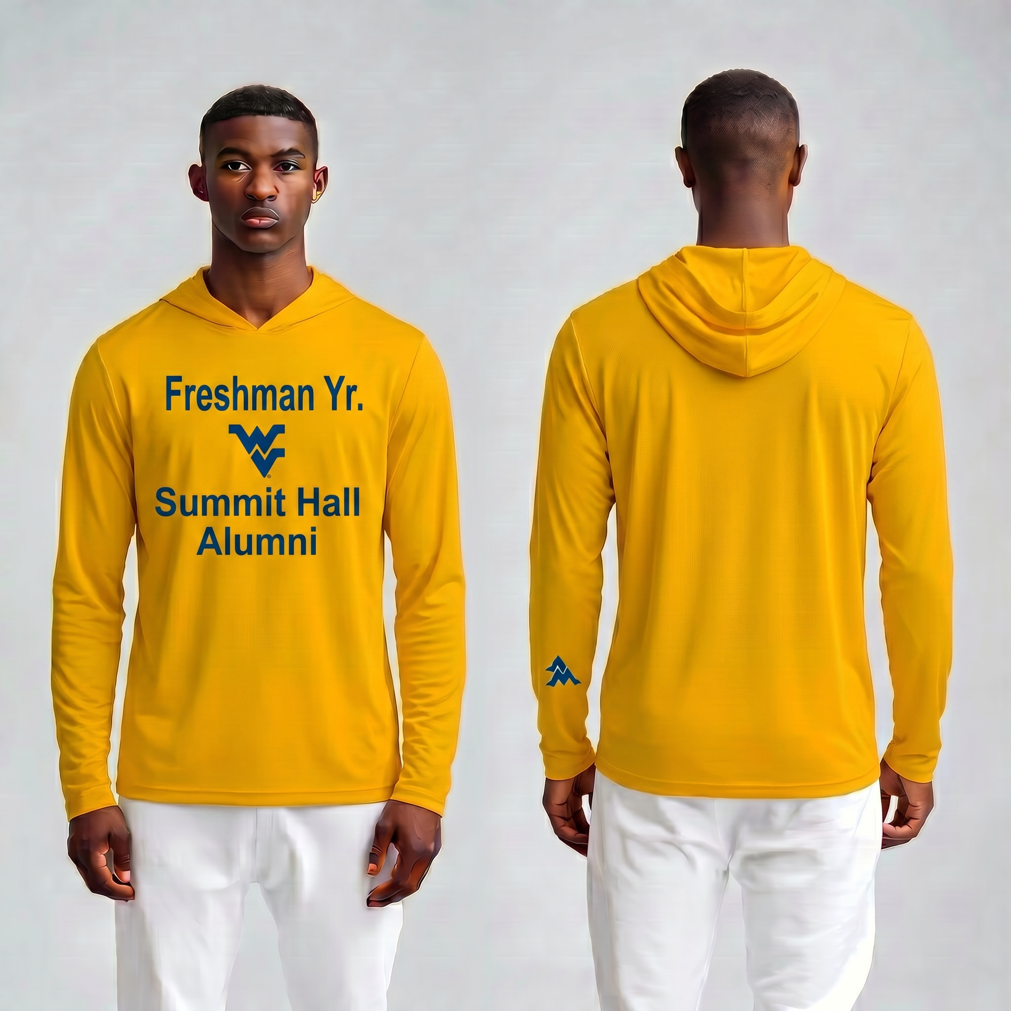 Licensed WVU Gold Cooling Performance Hooded Long Sleeve Tee (Men’s/Unisex) | “Freshman Yr. Summit Hall Alumni” | Spring/Summer Collection | Sassy Foot Fashion