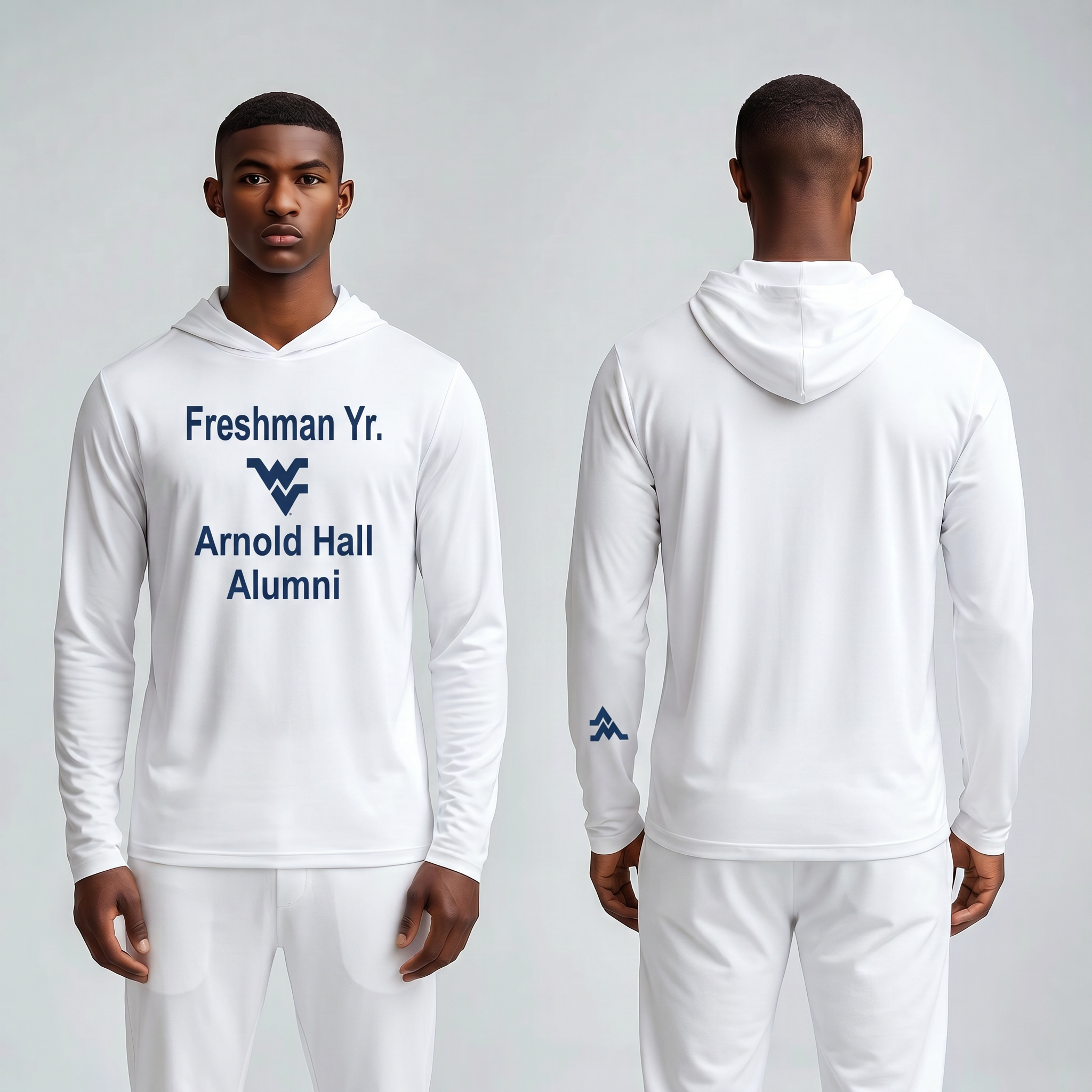 Licensed WVU White Cooling Performance Hooded Long Sleeve Tee (Men’s/Unisex) | “Freshman Yr. Arnold Hall Alumni” | Spring/Summer Collection | Sassy Foot Fashion