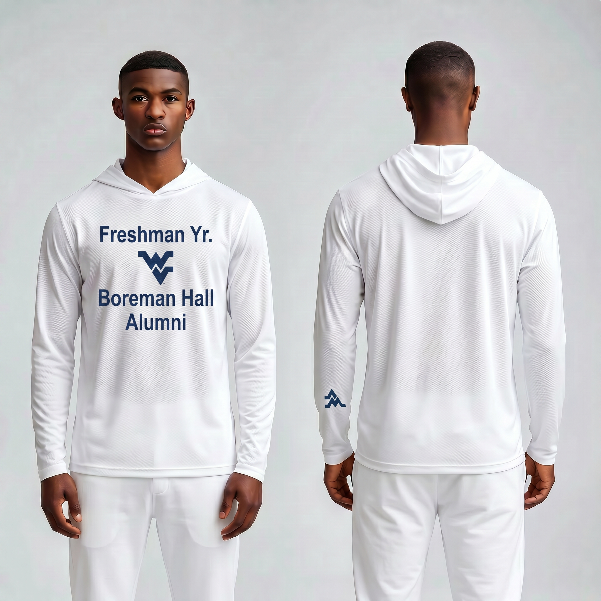 Licensed WVU White Cooling Performance Hooded Long Sleeve Tee (Men’s/Unisex) | “Freshman Yr. Boreman Hall Alumni” | Spring/Summer Collection | Sassy Foot Fashion